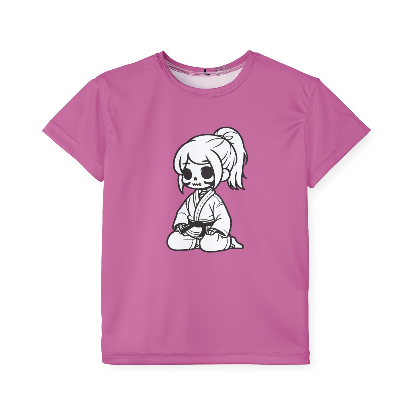 Front view of a light pink, polyester kids t-shirt, with a design of a skeleton girl wearing a jiu jitsu gi and black belt on the front.