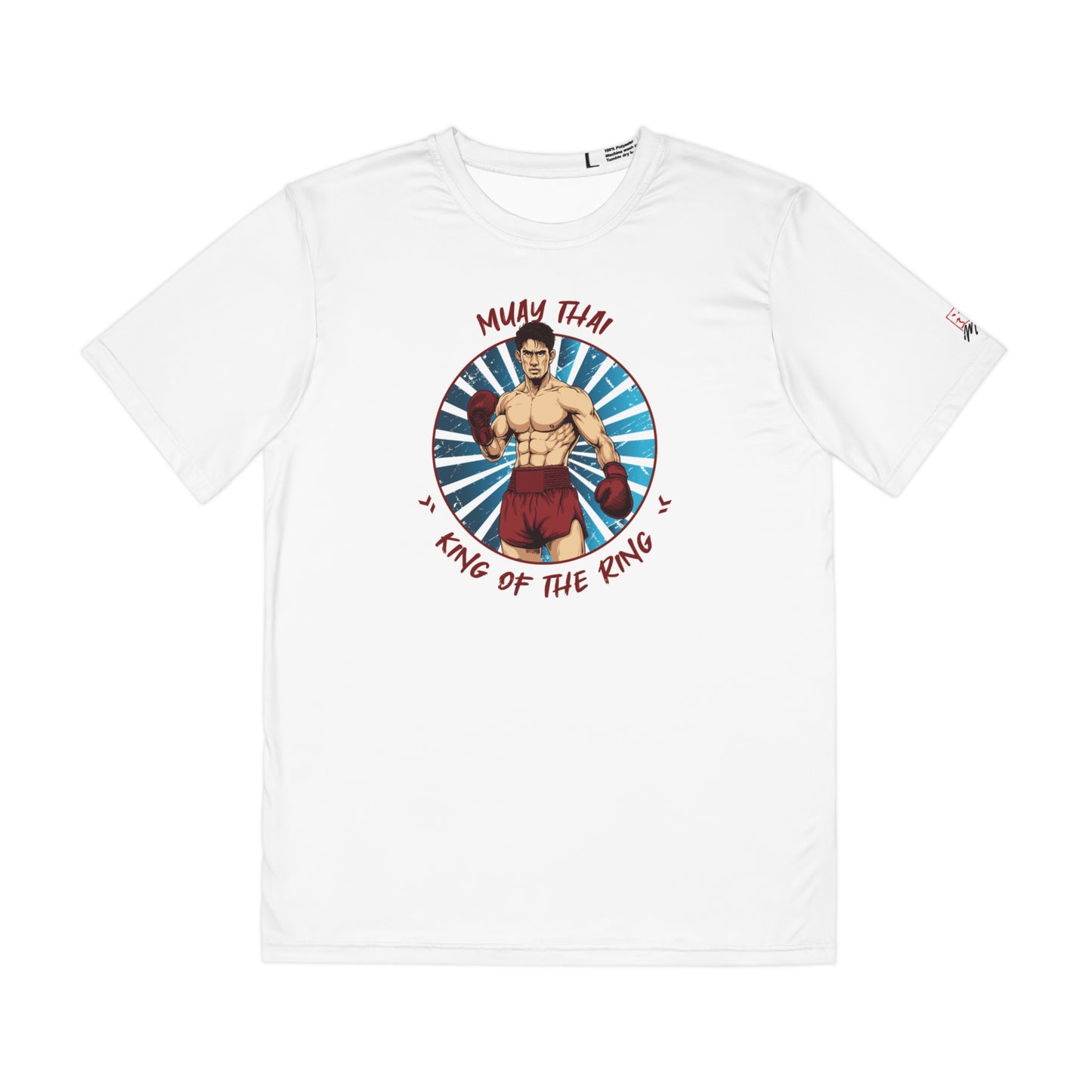 White polyester t-shirt with an illustration of a Thai boxer in the center of the chest. Written around the illustration is the text, "Muay Thai - King of the Ring".