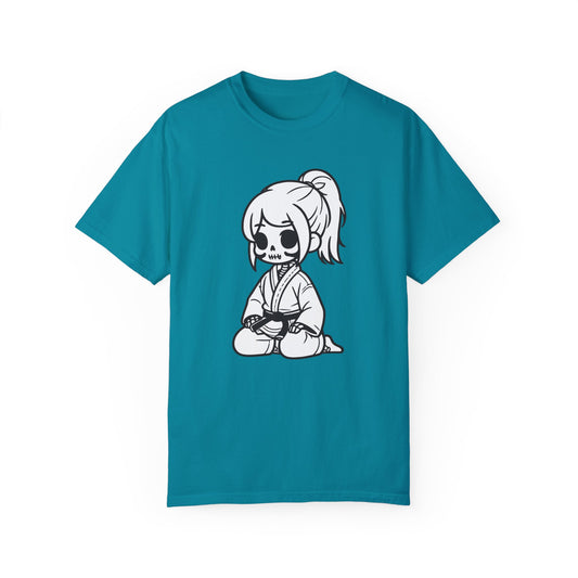 Front view of a Topaz Blue cotton t-shirt with a design of a skeleton girl wearing a jiu jitsu gi. Wrapped around the girl's waist is a black belt.