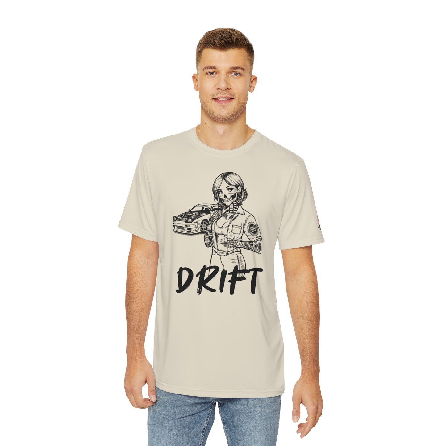 Front view of a man wearing an off-white t-shirt, with a design of a female skeleton dressed as a mechanic. The mechanic is standing next to her car with the word "Drift" written underneath.