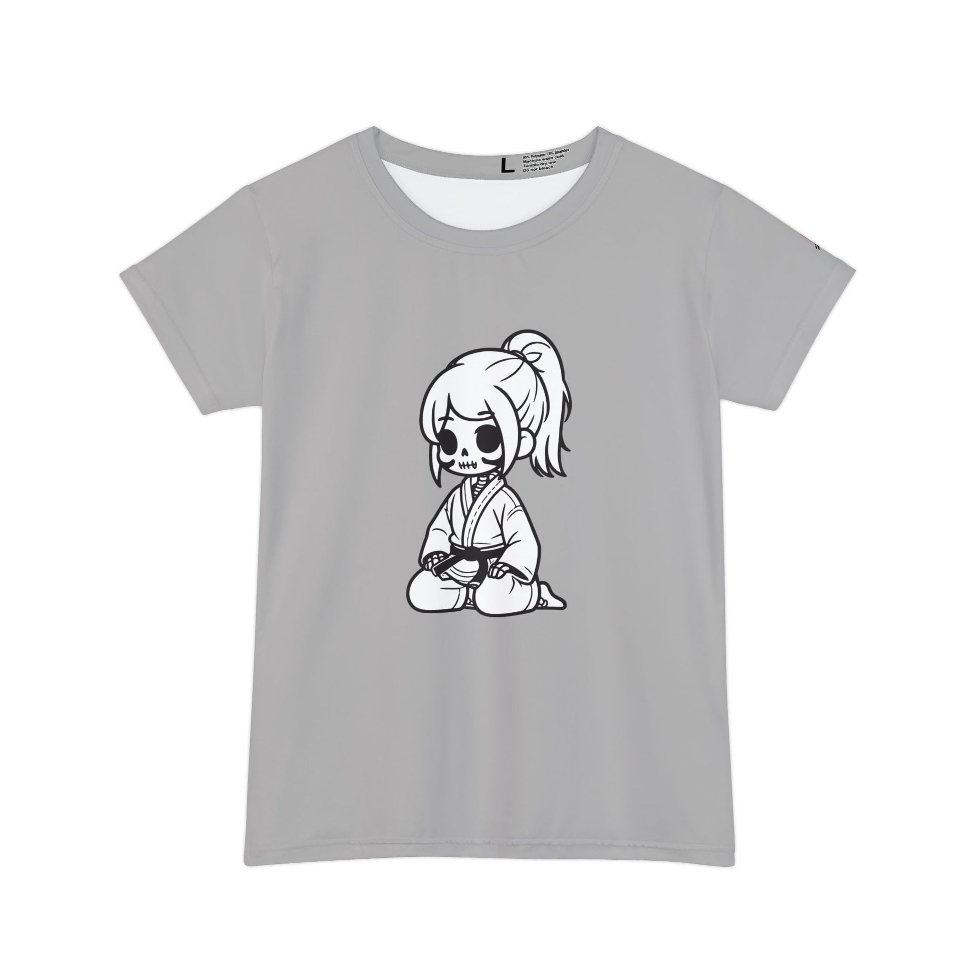 Front view of a light gray colored, polyester blend t-shirt with a design of a skeleton girl wearing a jiu jitsu gi and black belt on the front.