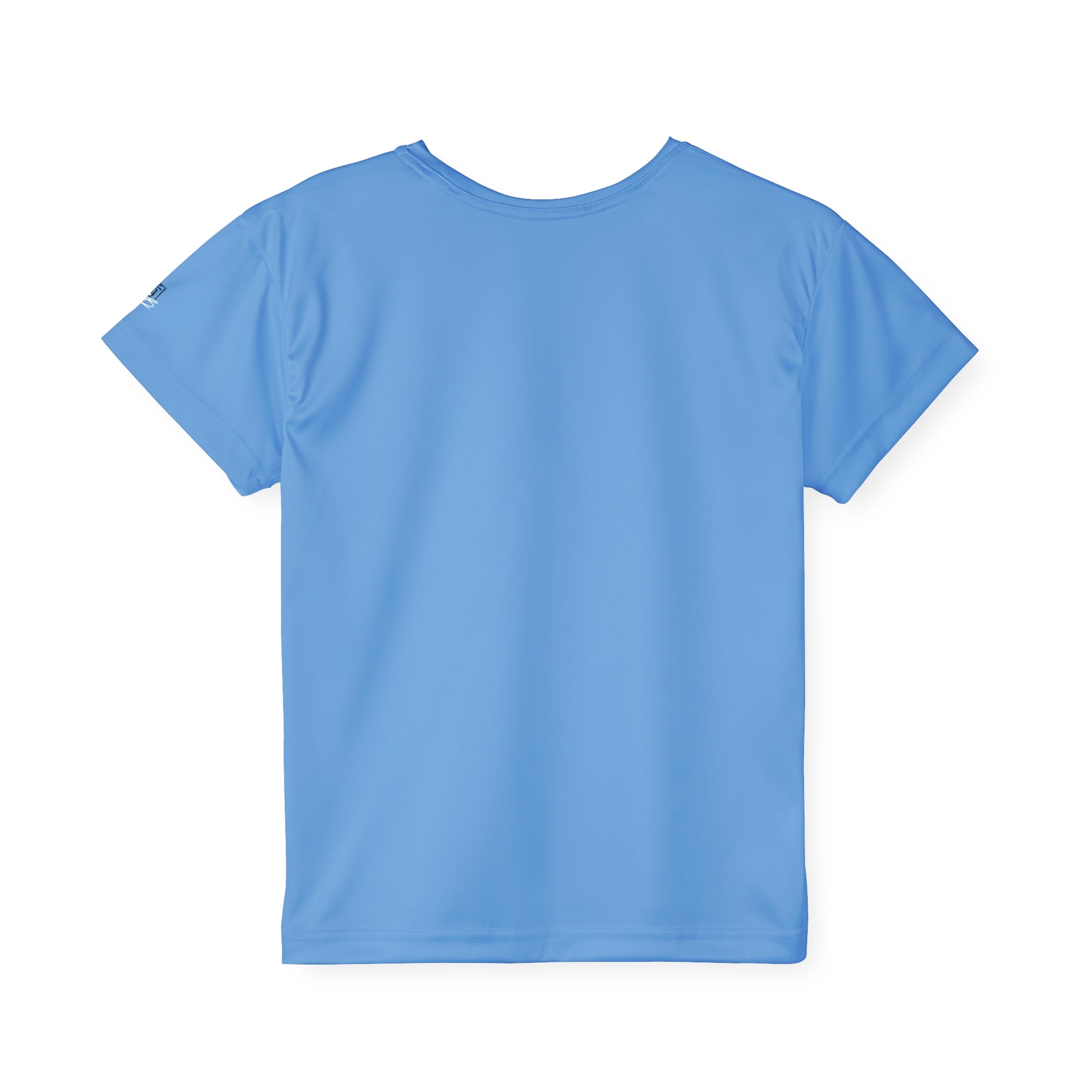 Back view of a light blue, polyester kids t-shirt.