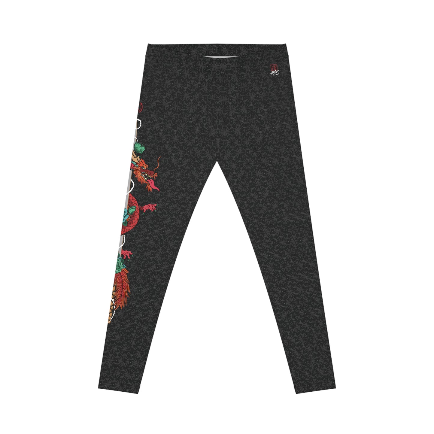 Front view of black, patterned low-rise leggings.