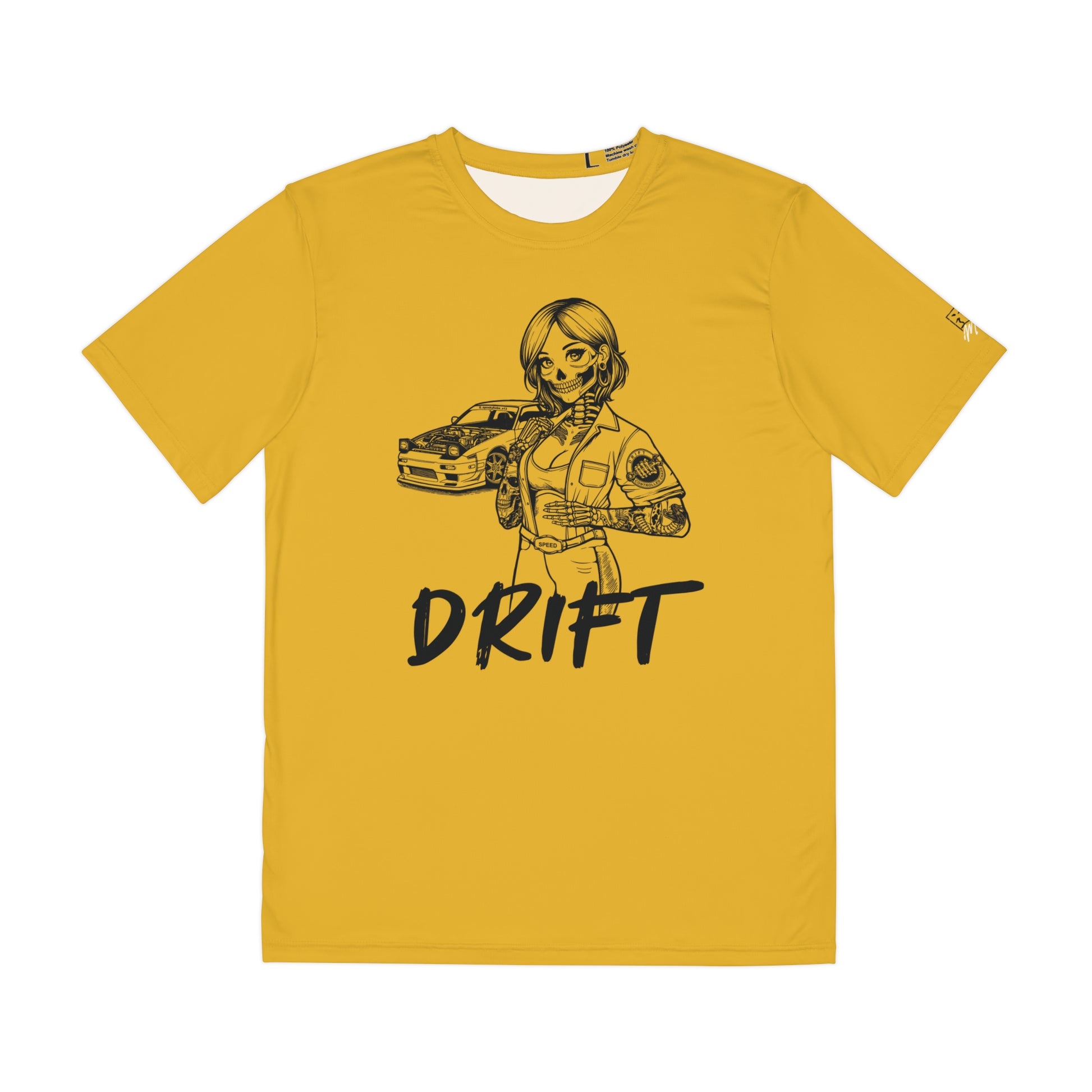 Men's yellow polyester t-shirt with a design of a female skeleton dressed as a mechanic. The mechanic is standing next to her car with the word "Drift" written underneath.