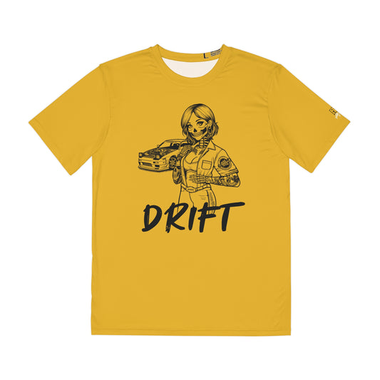 Men's yellow polyester t-shirt with a design of a female skeleton dressed as a mechanic. The mechanic is standing next to her car with the word "Drift" written underneath.