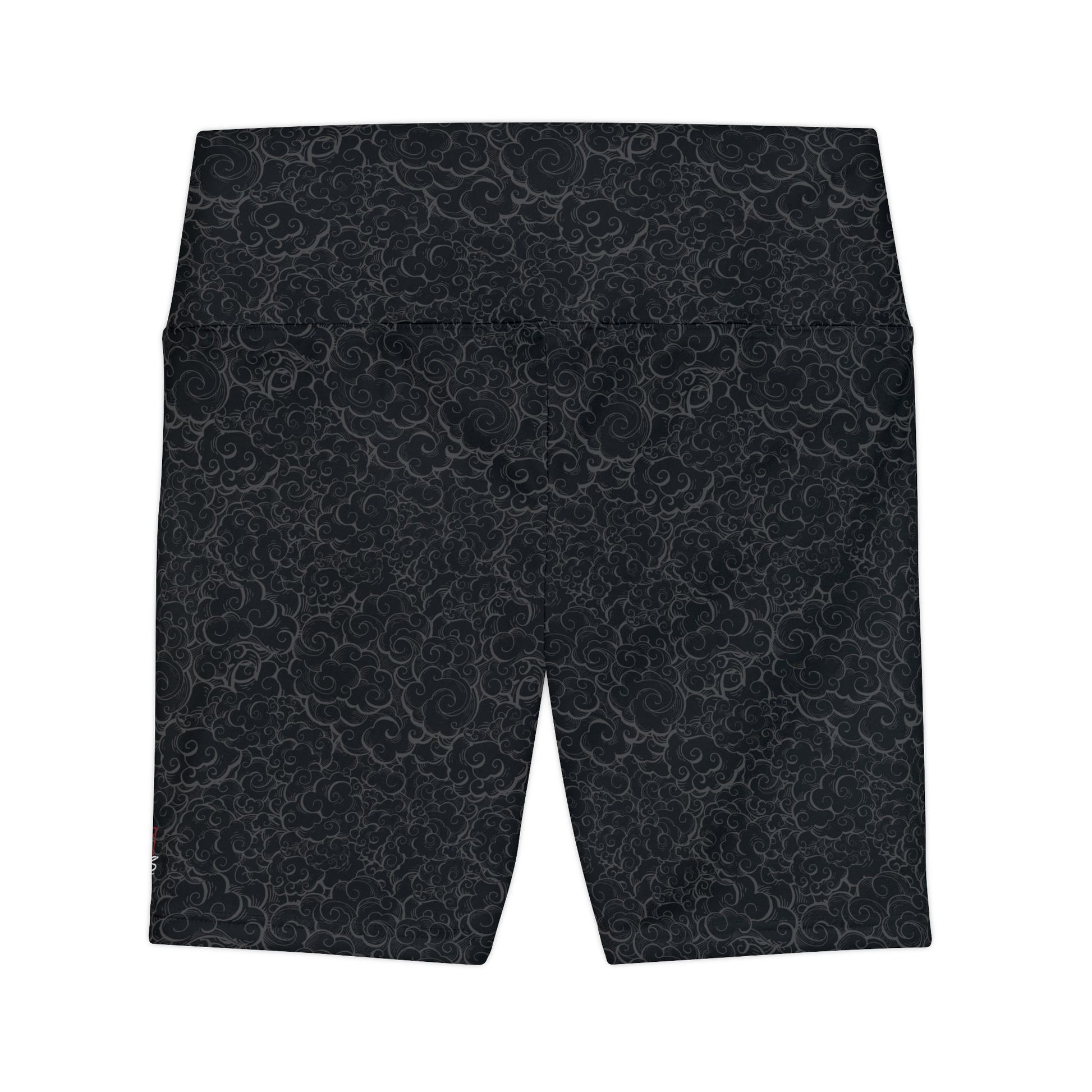 Back view of black patterned gym shorts with a high waist.