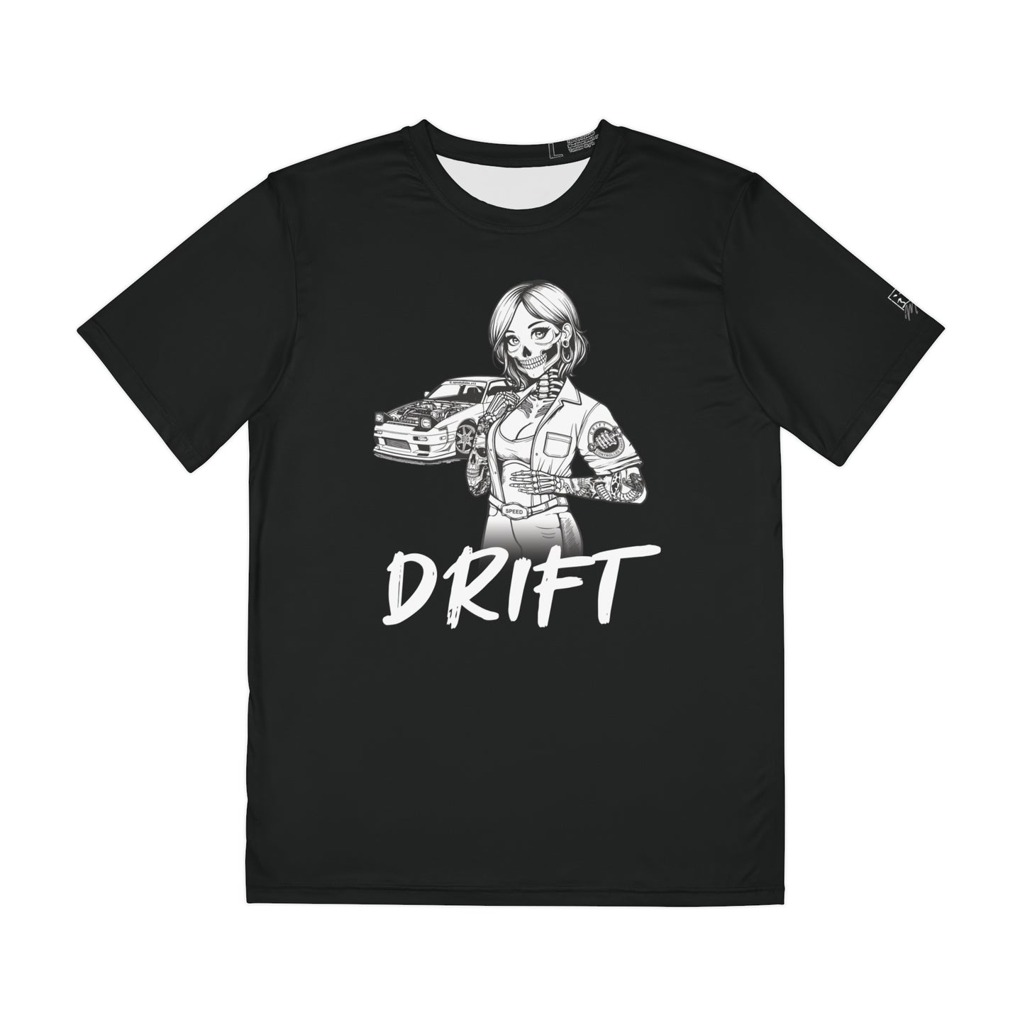 Men's black polyester t-shirt with a design of a female skeleton dressed as a mechanic. The mechanic is standing next to her car with the word "Drift" written underneath.