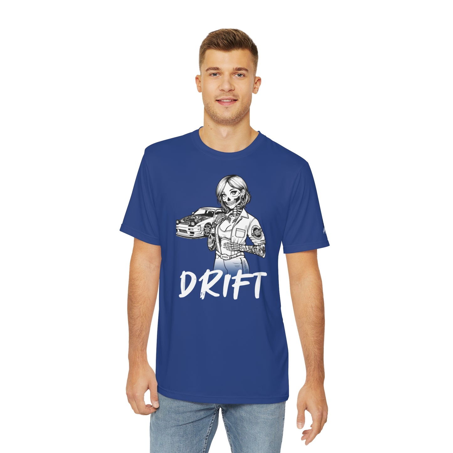 Front view of a man wearing a dark blue polyester t-shirt, with a design of a female skeleton dressed as a mechanic. The mechanic is standing next to her car with the word "Drift" written underneath.