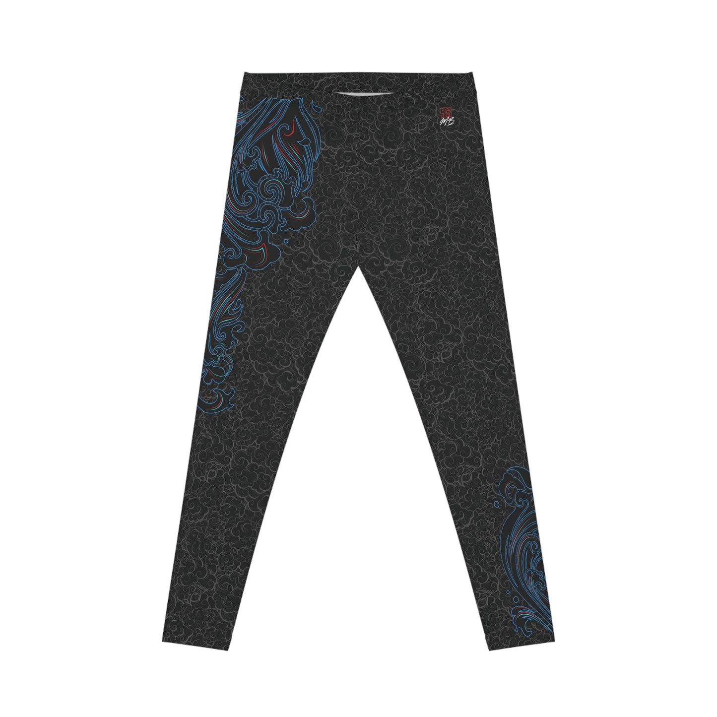 Front view of black, patterned low-rise leggings, with abstract designs on the right hip and left calf areas.