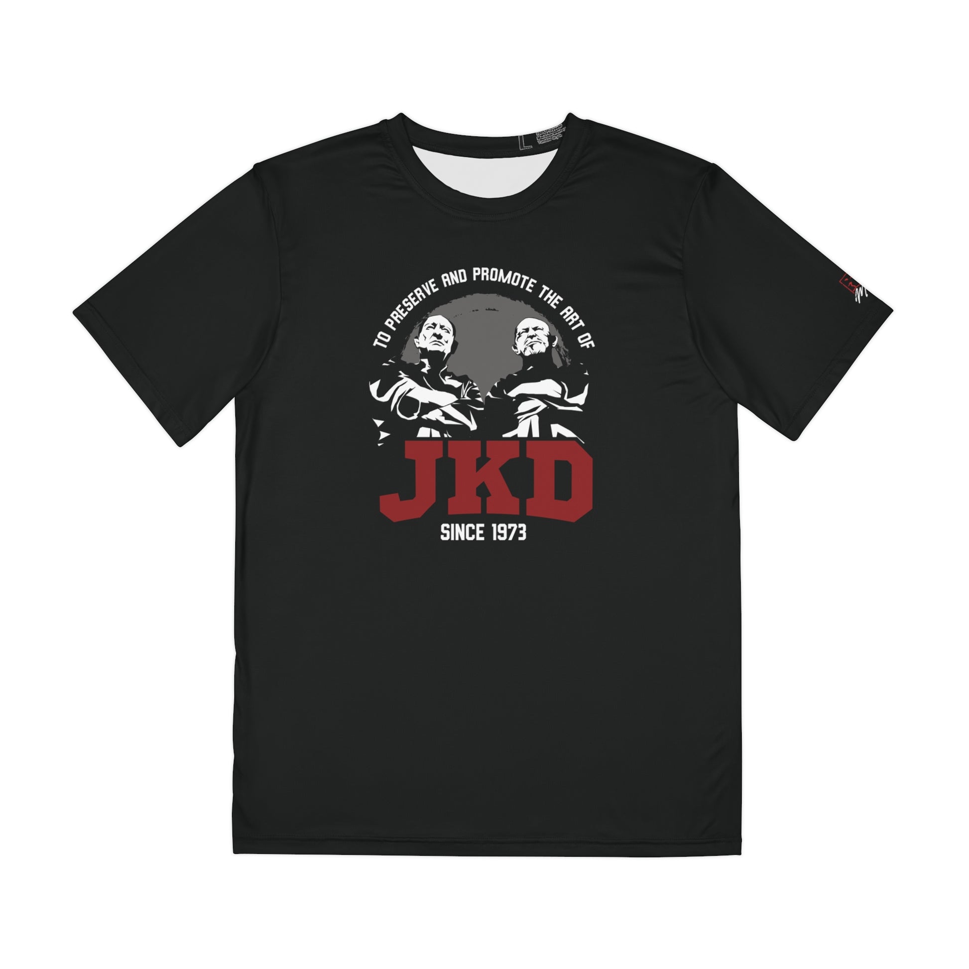 Front view of a black polyester t-shirt with an image of Tim Tackett and Bob Bremer, two prominent Jeet Kune Do teachers. The text surrounding the image reads "To preserve and promote the art of JKD".