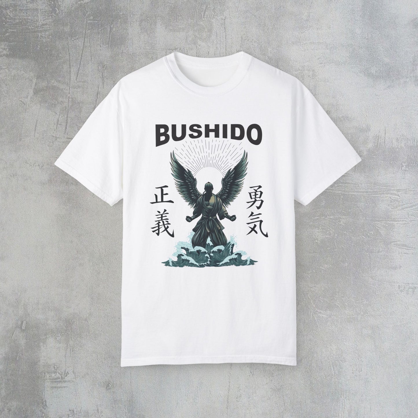 White cotton t-shirt with an illustration of a martial artist with angel wings. The text above the design reads "Bushido", and the kanji on the left and right sides are translated to English as "Justice" and "Courage".