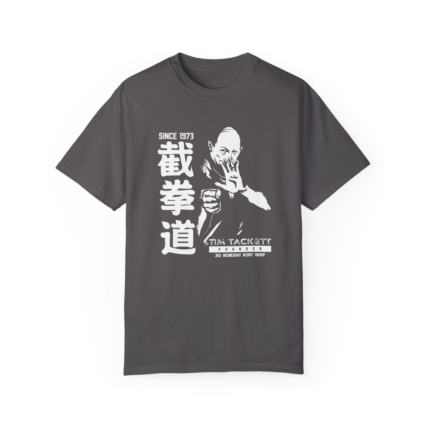 Graphite colored, cotton t-shirt with an illustration of martial arts instructor Tim Tackett on the front. The text surrounding the design reads "Jeet Kune Do since 1973".