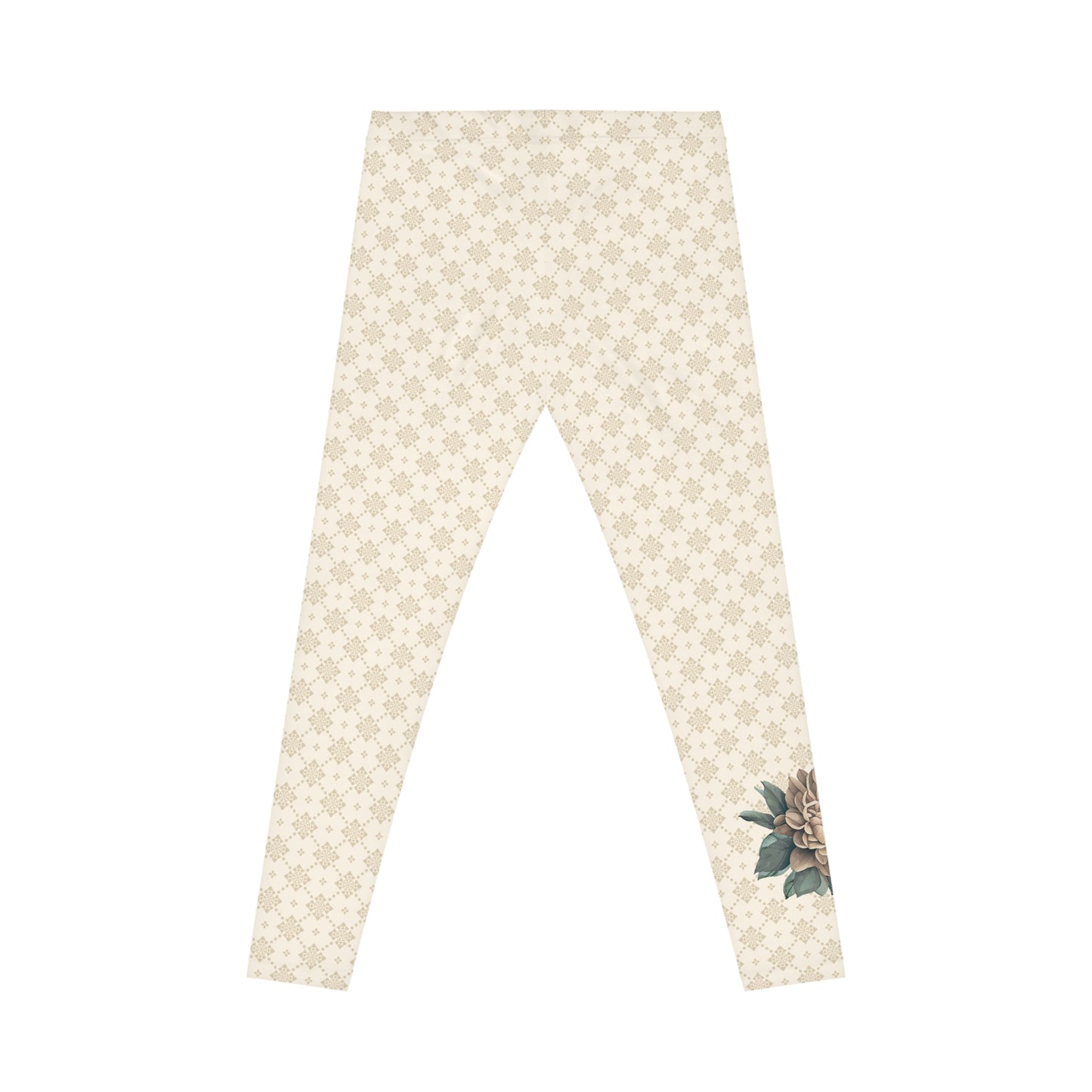 Back view of off-white colored patterned leggings, with a flower printed on the lower calf area of the right leg.