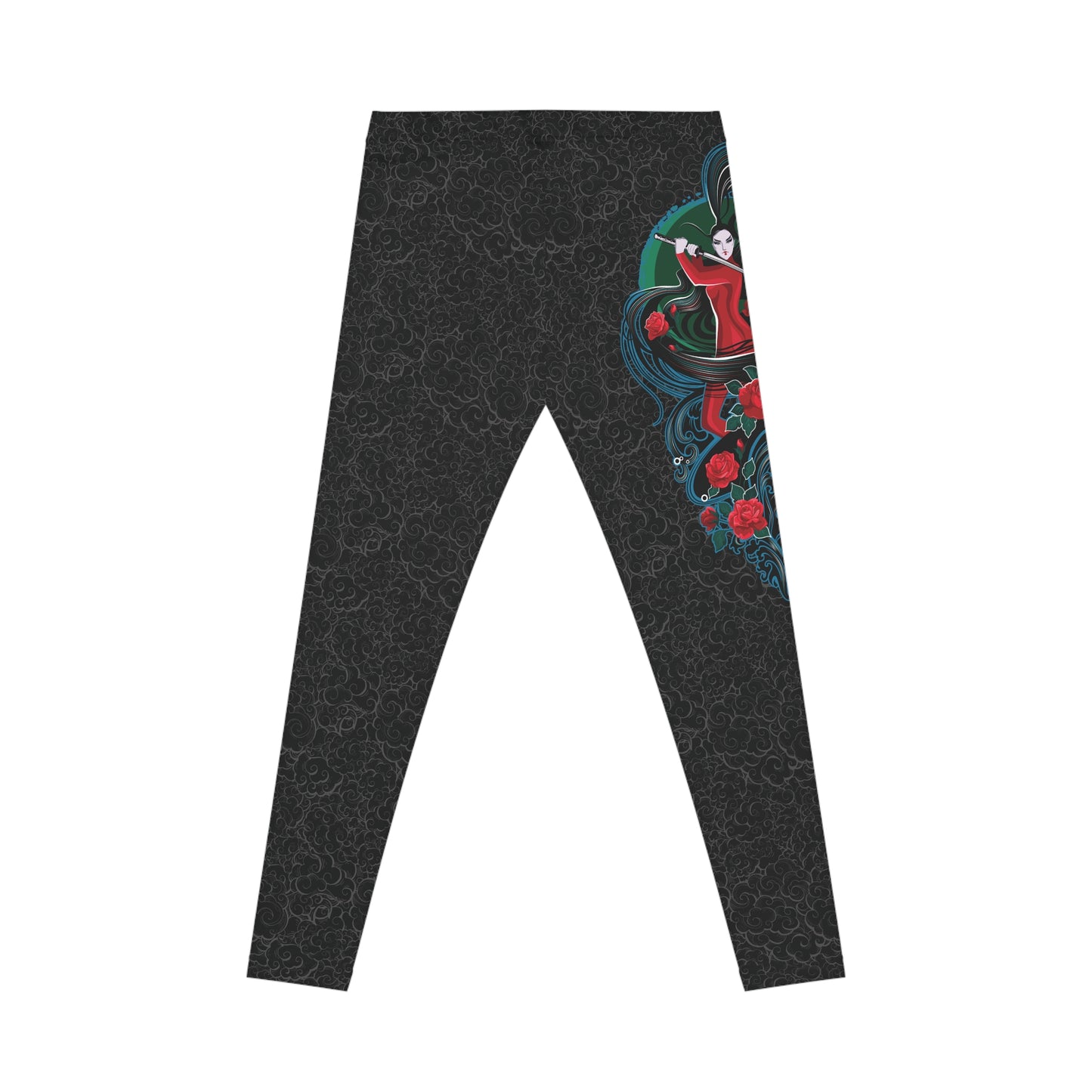 Back view of black, low-rise casual leggings with a light background pattern. Printed on the right, upper hip area is an illustration of a female warrior holding a katana sword.