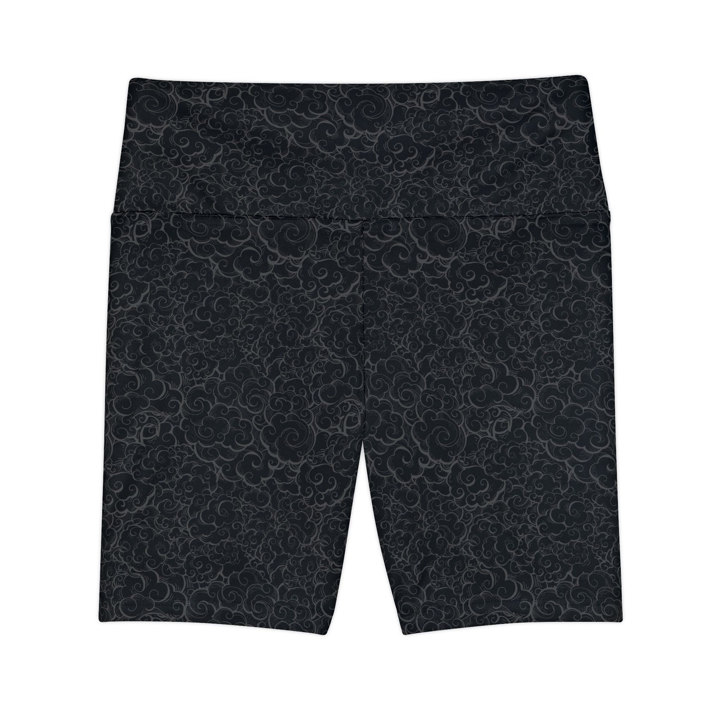 Front view of black patterned gym shorts with a high waist.