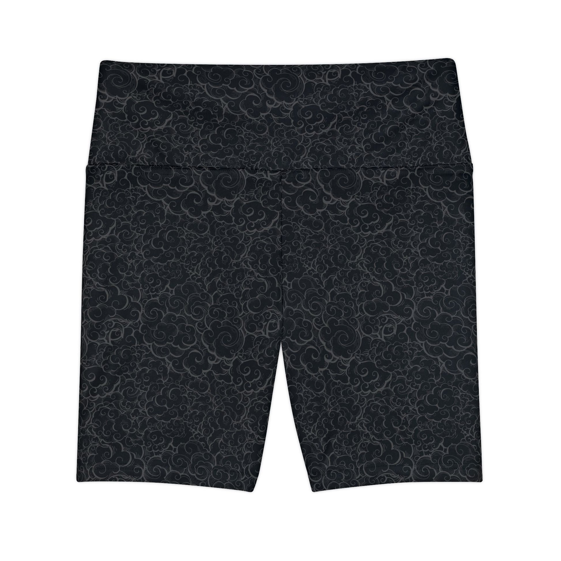 Front view of black patterned gym shorts with a high waist.