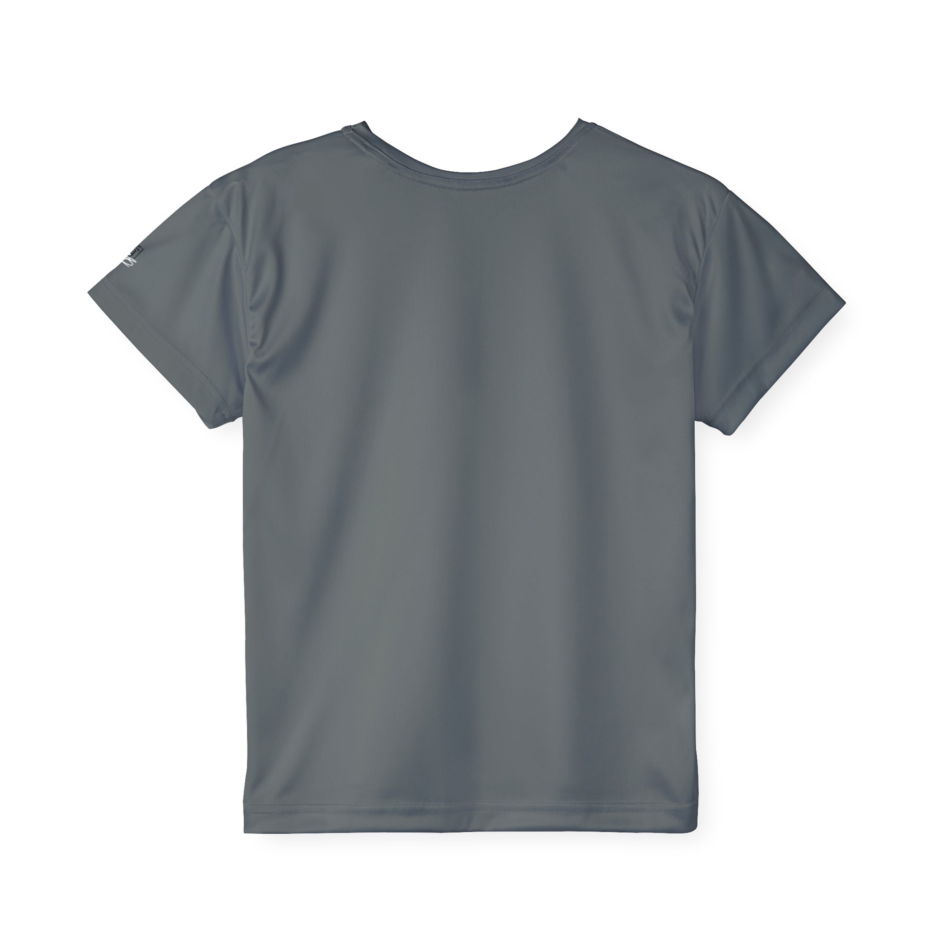 Back view of a dark gray, polyester kids t-shirt.