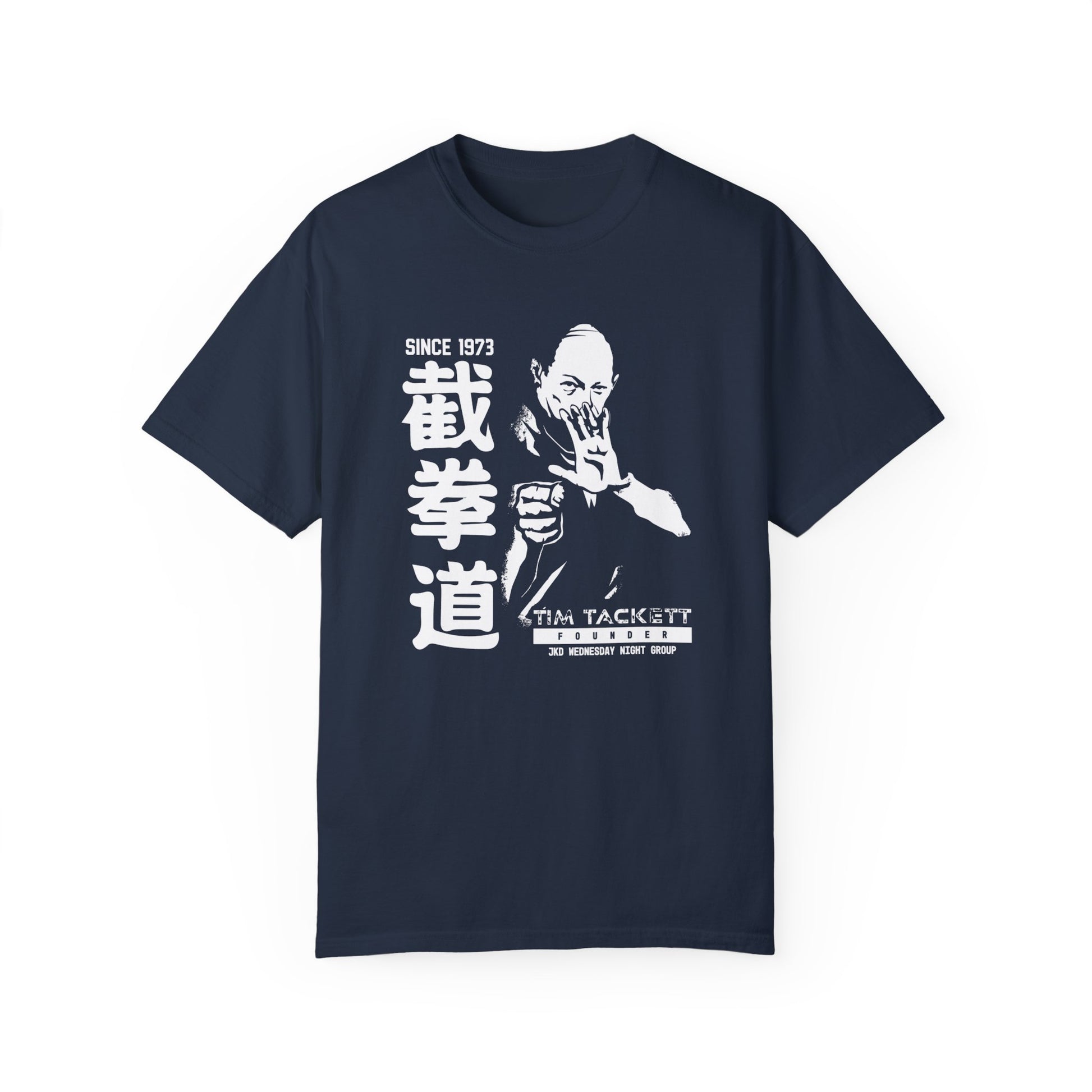 Navy cotton t-shirt, with an illustration of martial arts instructor Tim Tackett on the front. The text surrounding the design reads "Jeet Kune Do since 1973".