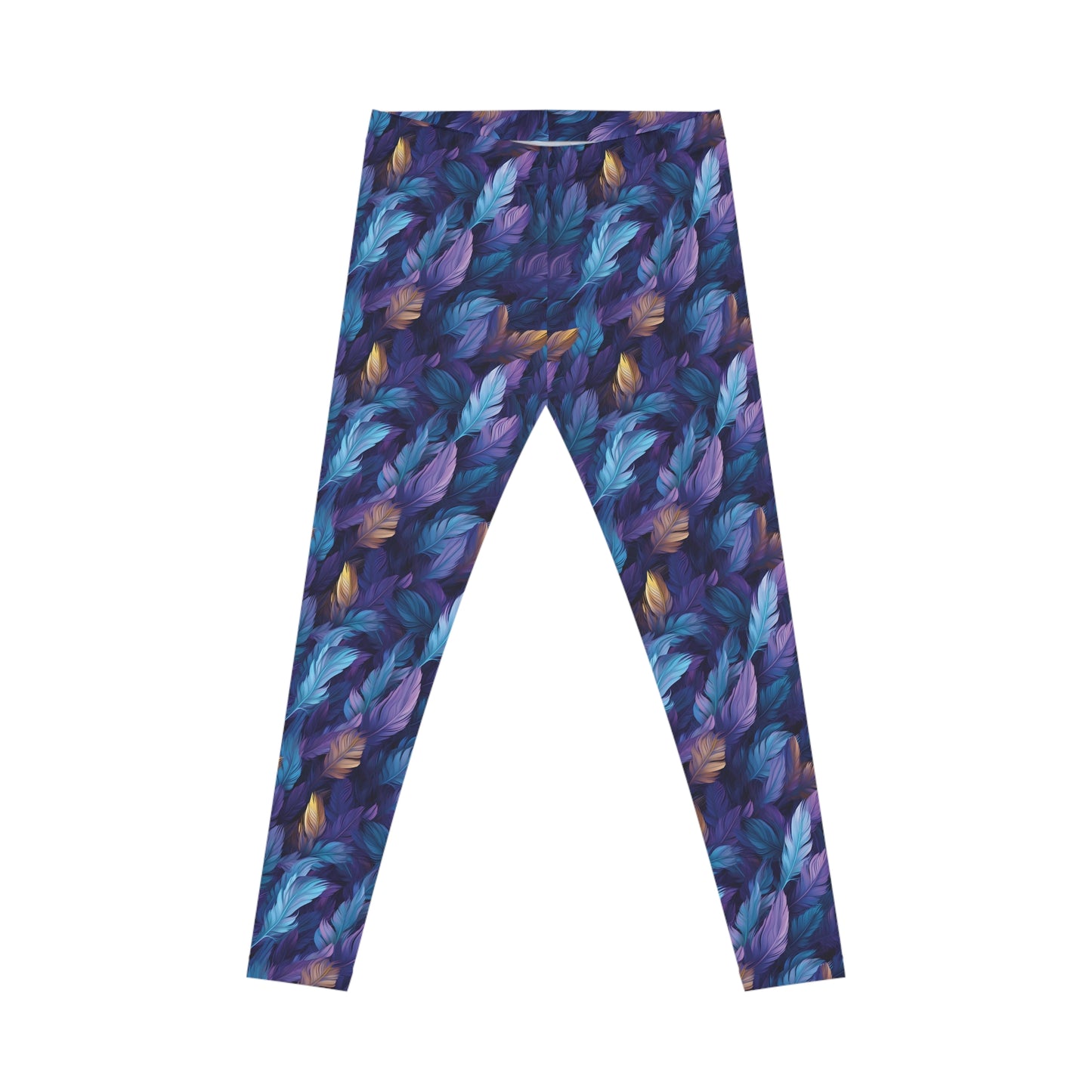 Front view of low rise leggings with a blue and purple feather print, set against a white background.