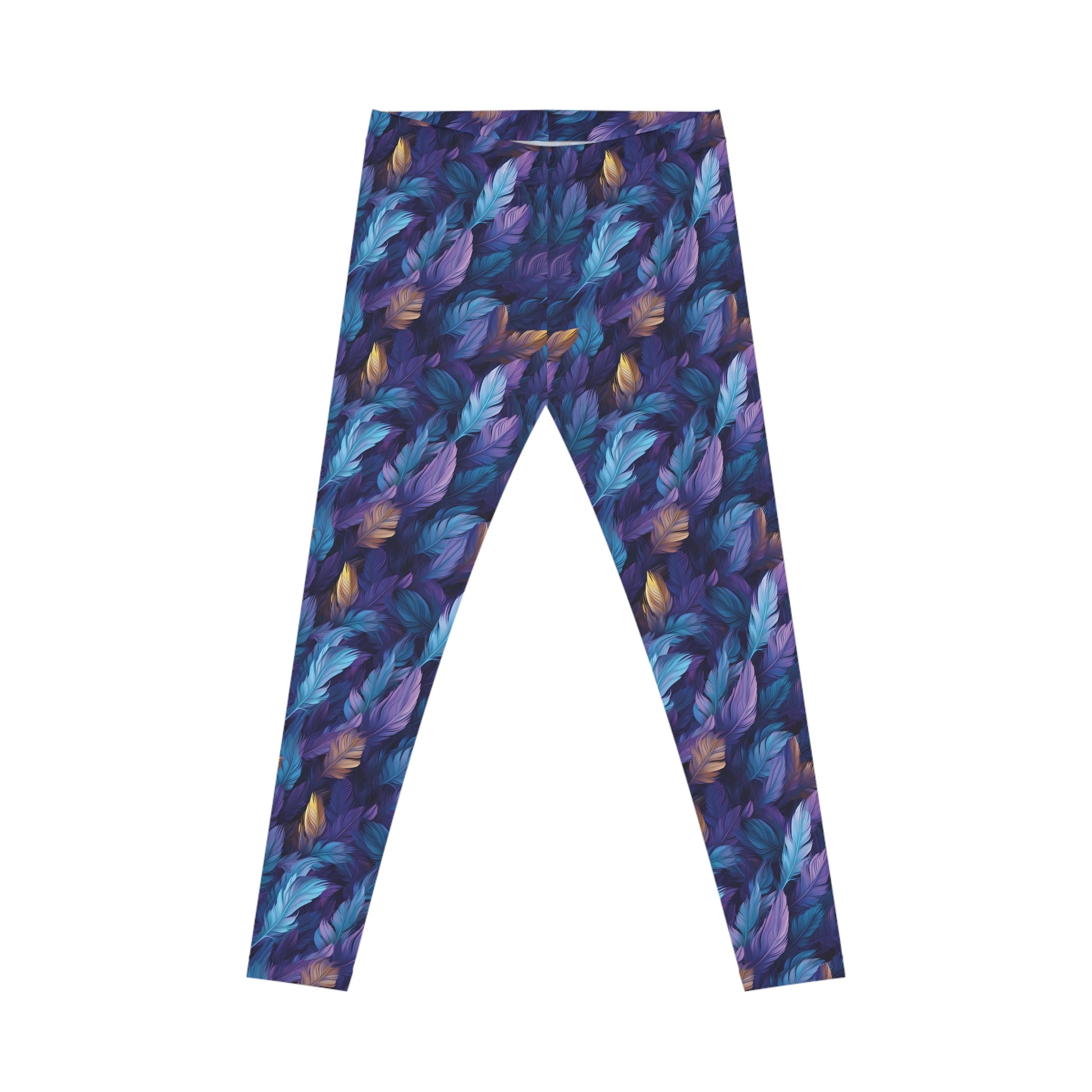 Front view of low rise leggings with a blue and purple feather print, set against a white background.