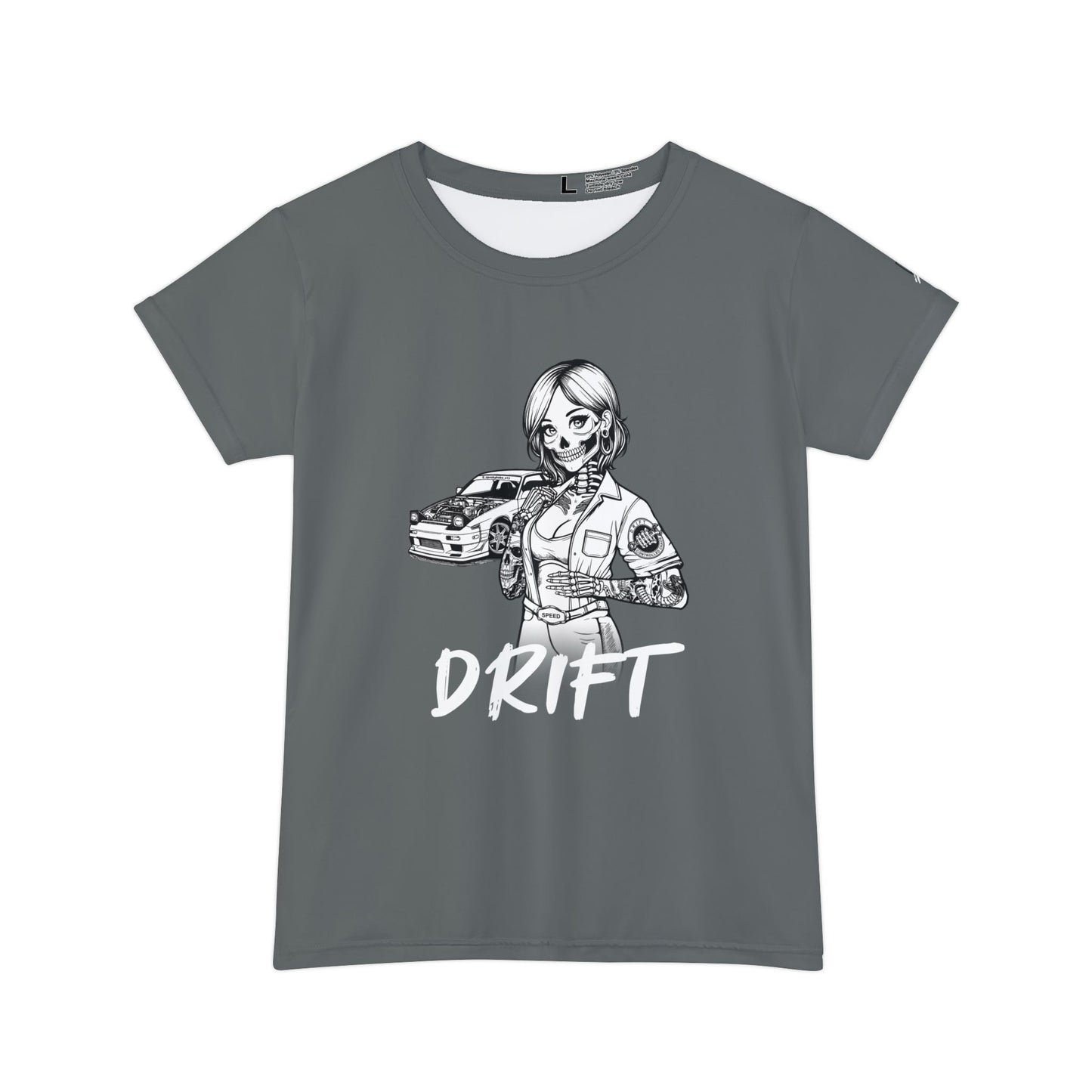 Women's dark gray, polyester blend t-shirt, with a design of a female skeleton dressed as a mechanic. The mechanic is standing next to her car with the word "Drift" written underneath.