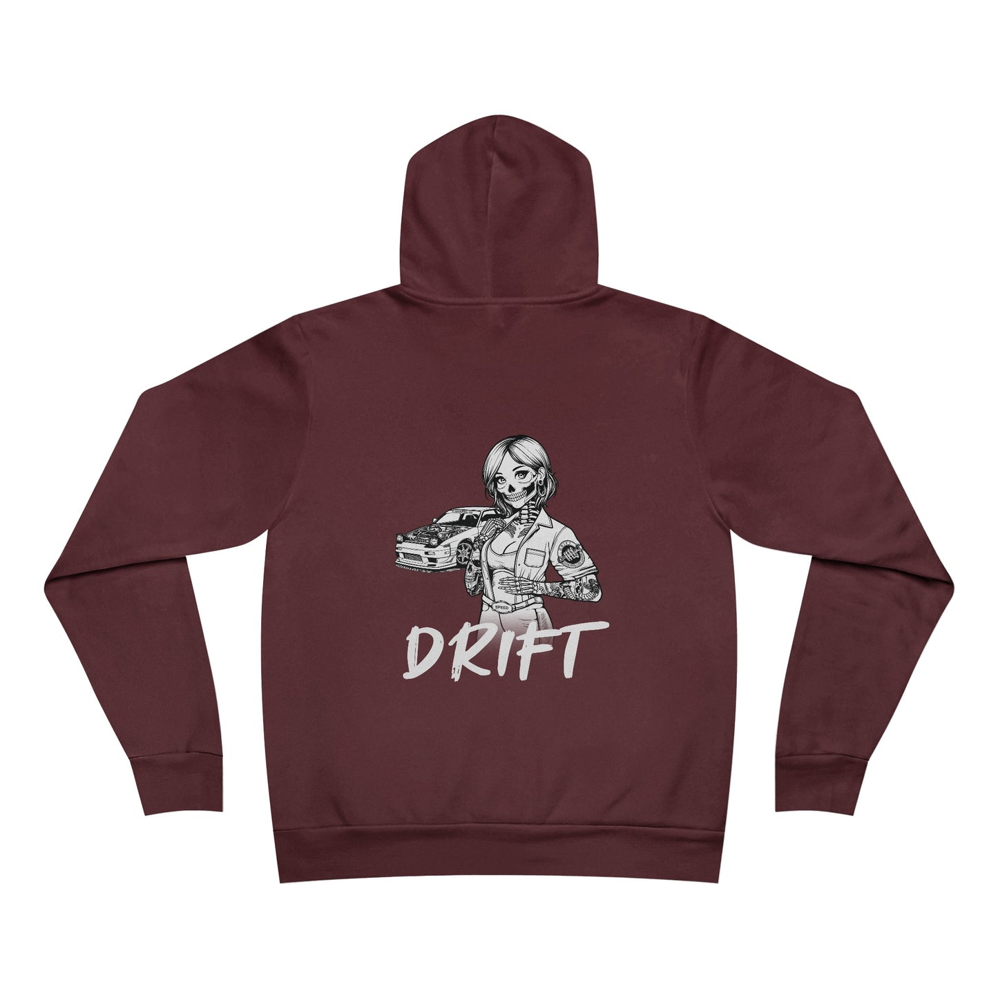 Back view of a maroon colored fleece hoodie, with a design of a female skeleton dressed as a mechanic on the back. The mechanic is standing next to her car with the word "Drift" written underneath.