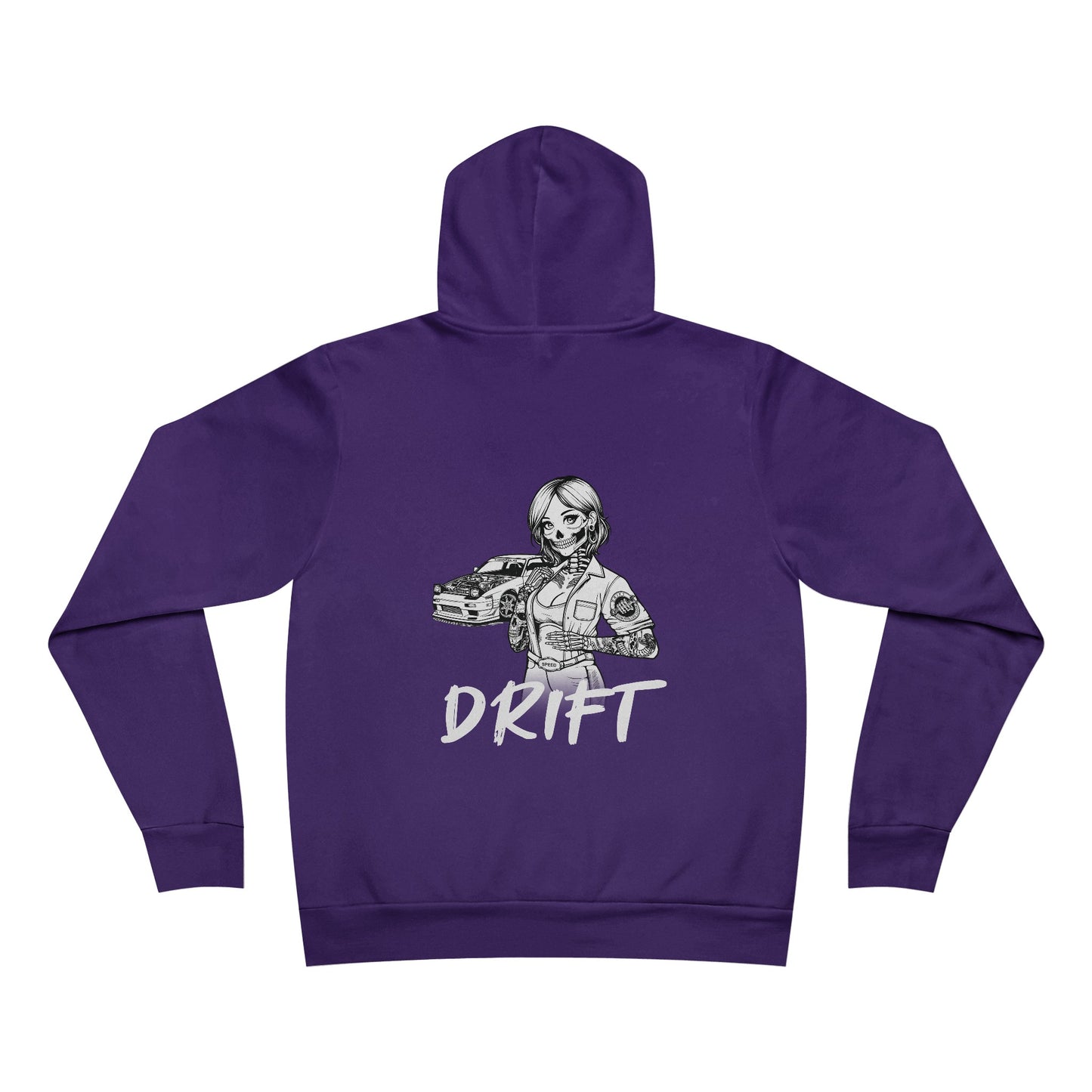 Back view of a purple fleece hoodie, with a design of a female skeleton dressed as a mechanic on the back. The mechanic is standing next to her car with the word "Drift" written underneath.