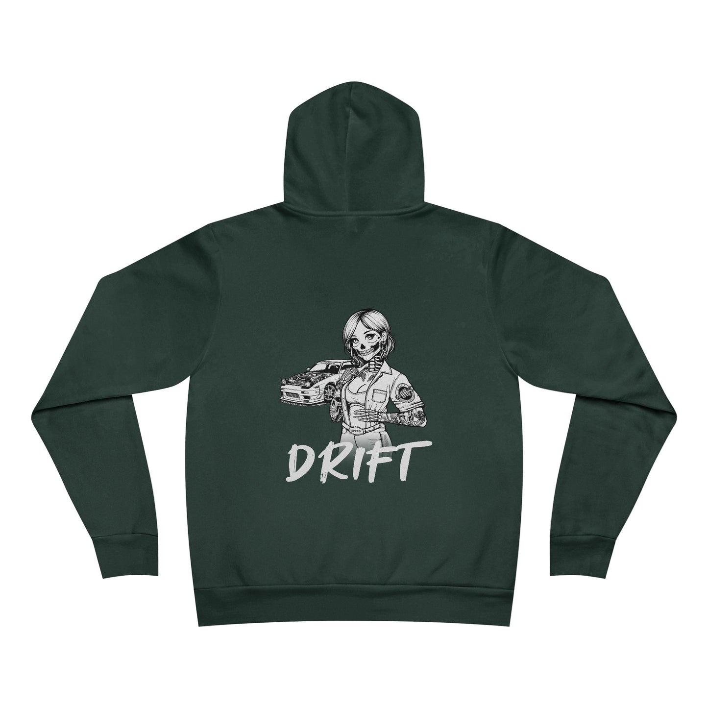 Back view of a forest green fleece hoodie, with a design of a female skeleton dressed as a mechanic on the back. The mechanic is standing next to her car with the word "Drift" written underneath.