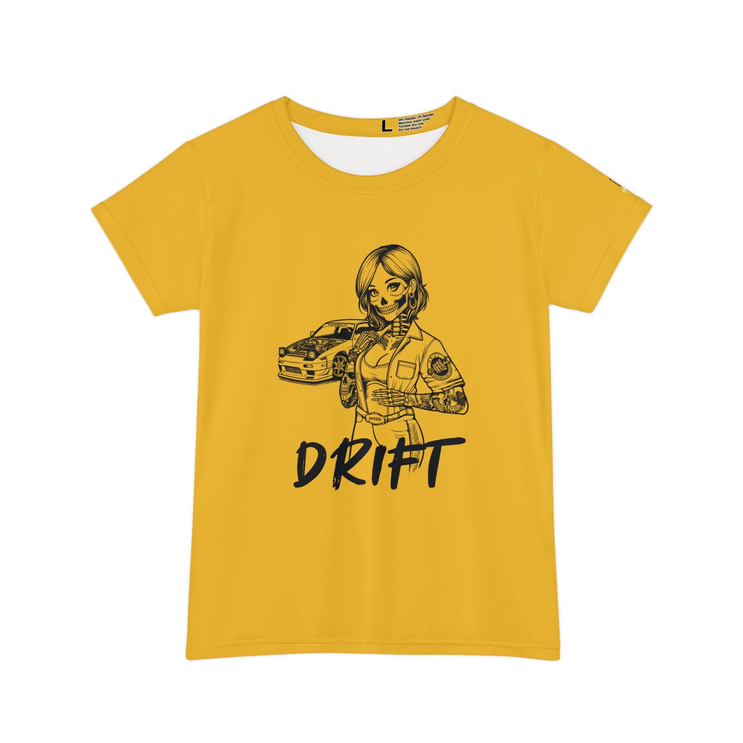 Front view of a yellow, polyester blend women's t-shirt, with a design of a female skeleton dressed as a mechanic. The mechanic is standing next to her car with the word "Drift" written underneath.