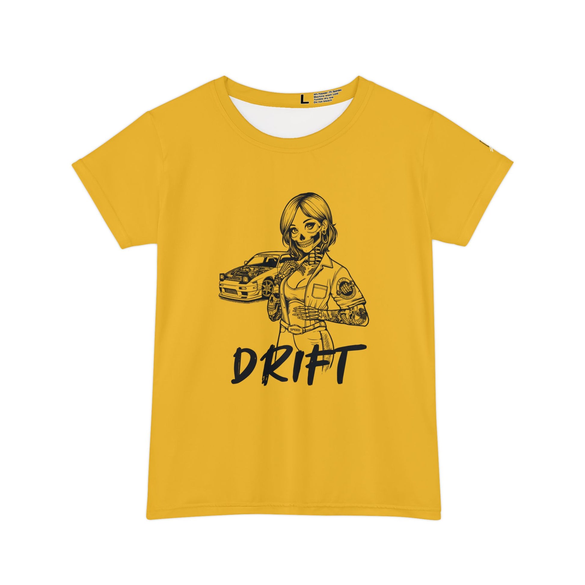 Front view of a yellow, polyester blend women's t-shirt, with a design of a female skeleton dressed as a mechanic. The mechanic is standing next to her car with the word "Drift" written underneath.