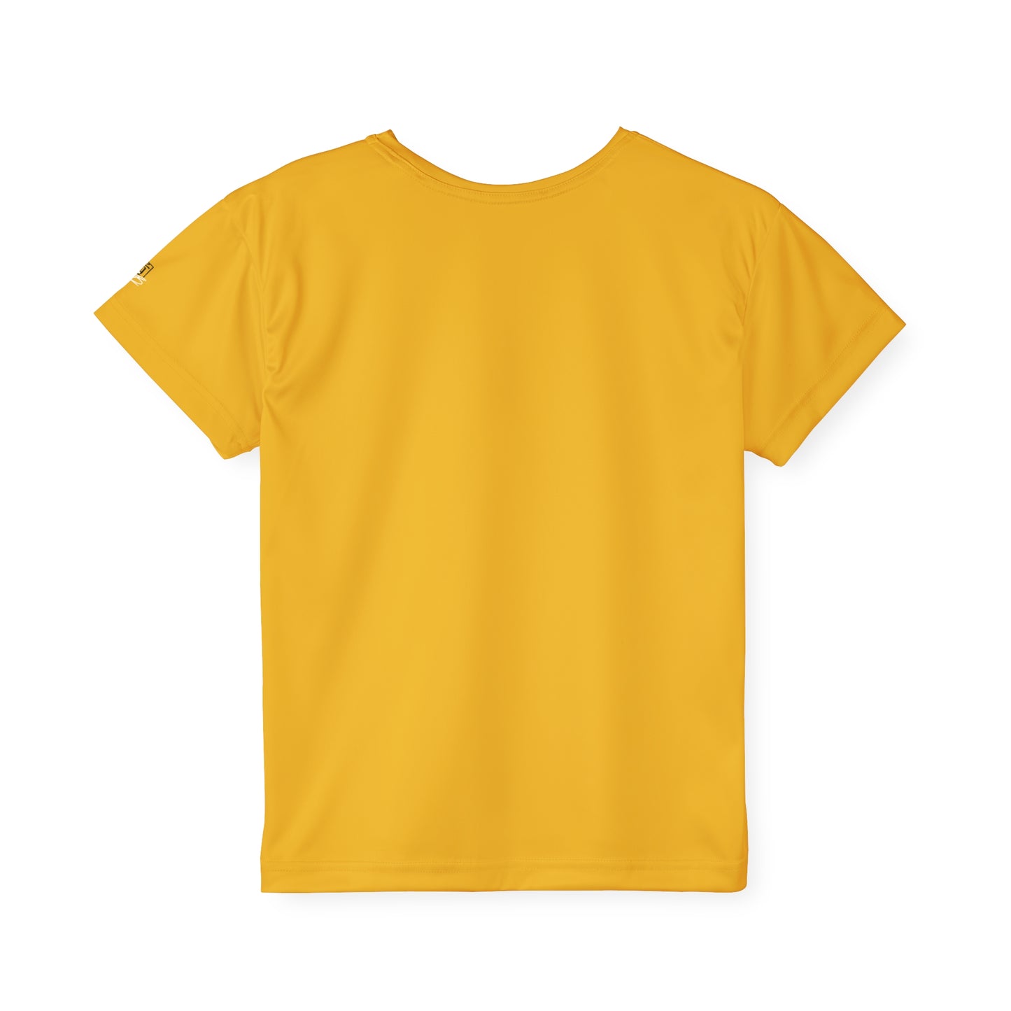 Back view of a yellow, polyester kids t-shirt.