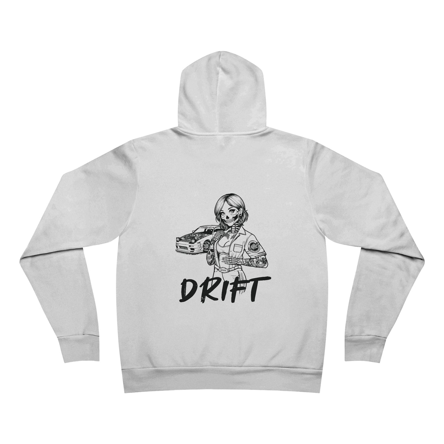 Back view of a white fleece hoodie, with a design of a female skeleton dressed as a mechanic on the back. The mechanic is standing next to her car with the word "Drift" written underneath.