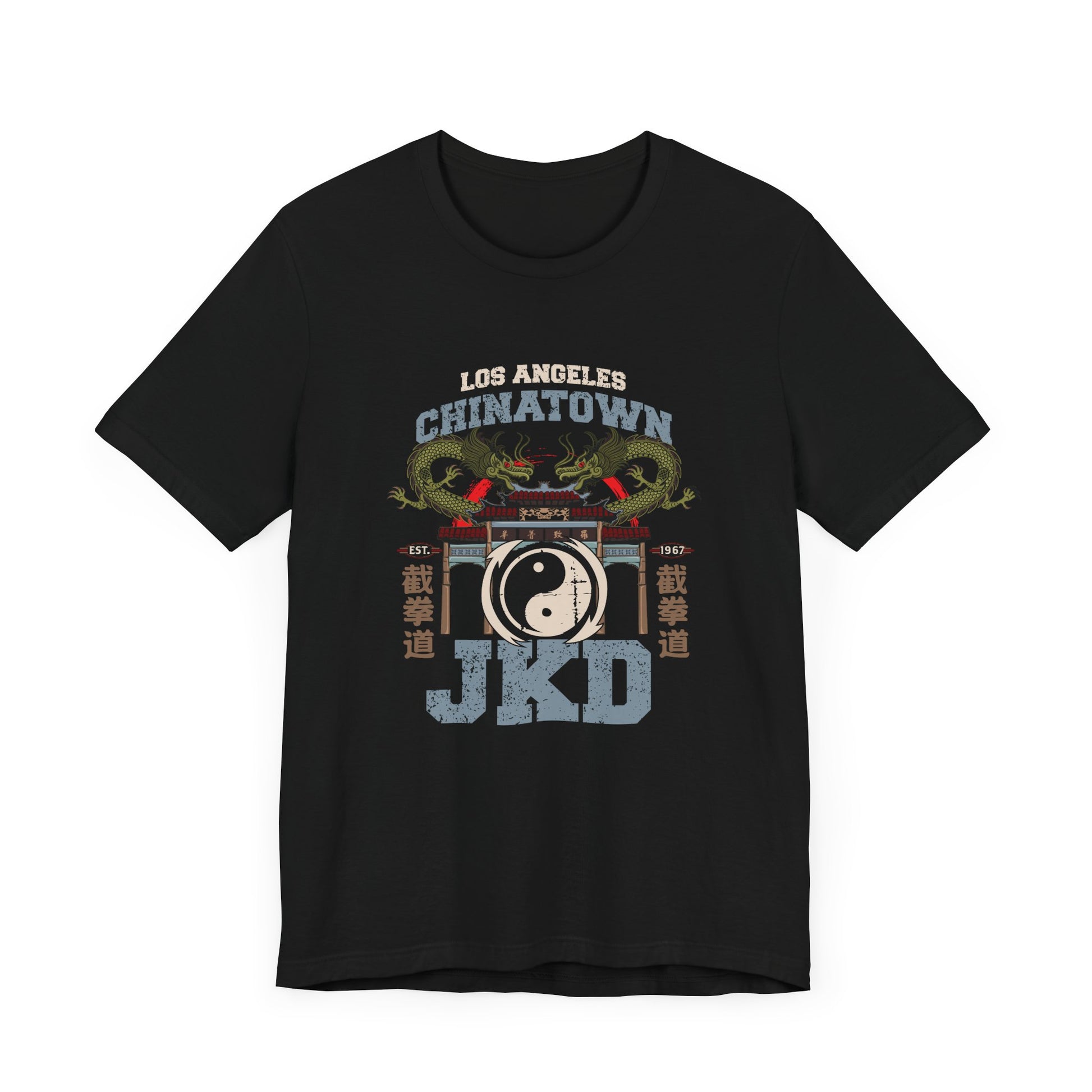 Front view of a black cotton t-shirt, with a design of twin dragons standing behind the L.A. Chinatown West Gate. The text above and below reads "Los Angeles Chinatown JKD". On the left and right sides are Chinese characters spelling Jeet Kune Do.