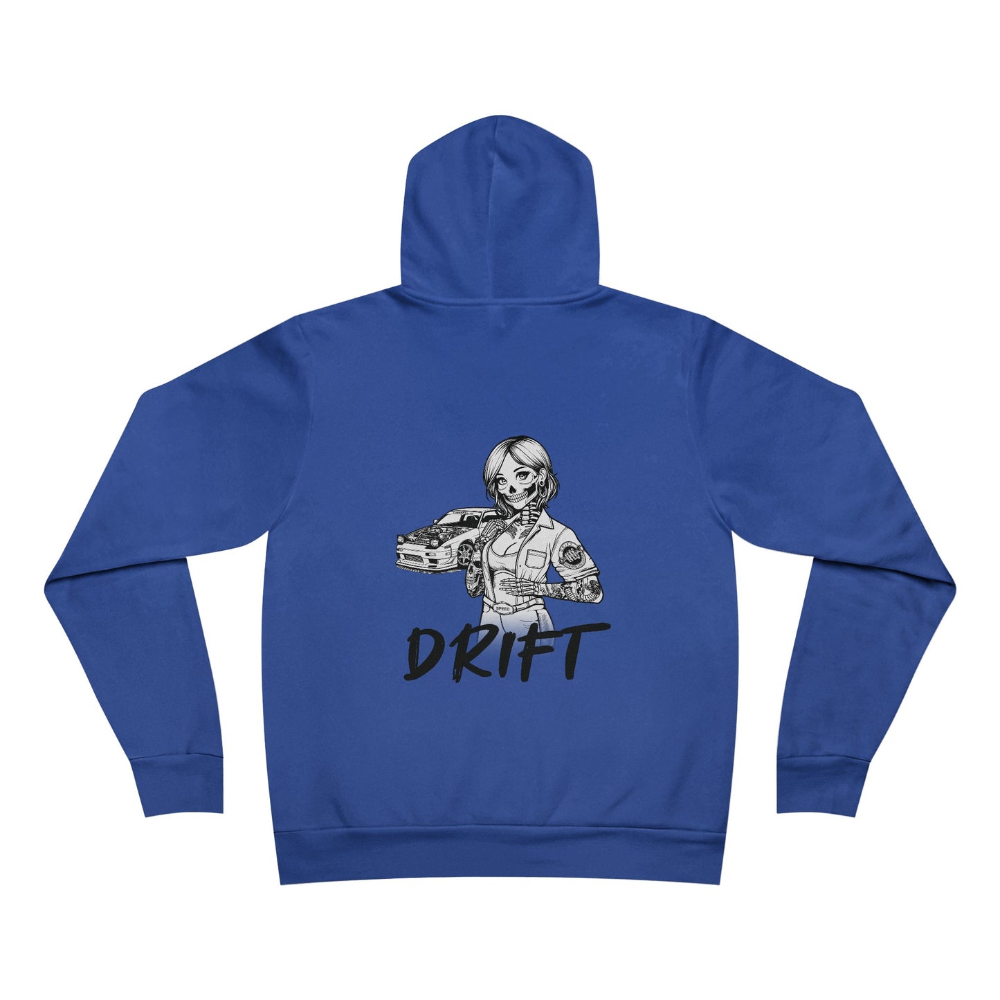 Back view of a true royal colored fleece hoodie, with a design of a female skeleton dressed as a mechanic on the back. The mechanic is standing next to her car with the word "Drift" written underneath.