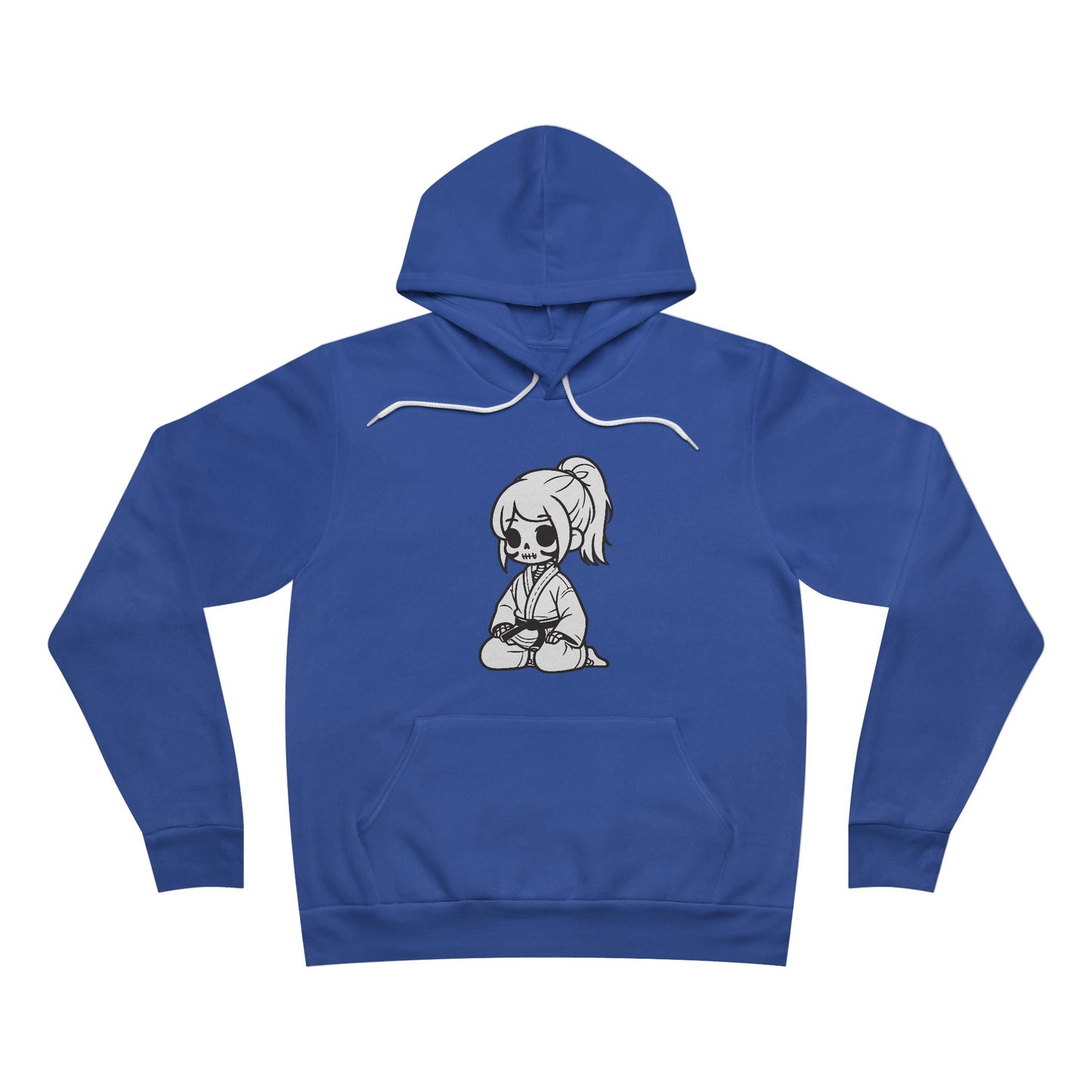 Front view of a True Royal colored, pullover hoodie, with a design of a skeleton girl wearing a jiu jitsu gi and black belt on the front.