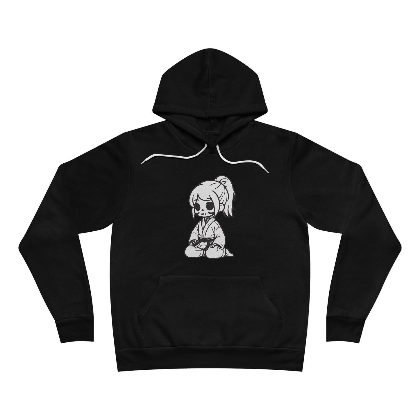 Front view of a black, pullover hoodie, with a design of a skeleton girl wearing a jiu jitsu gi and black belt on the front.