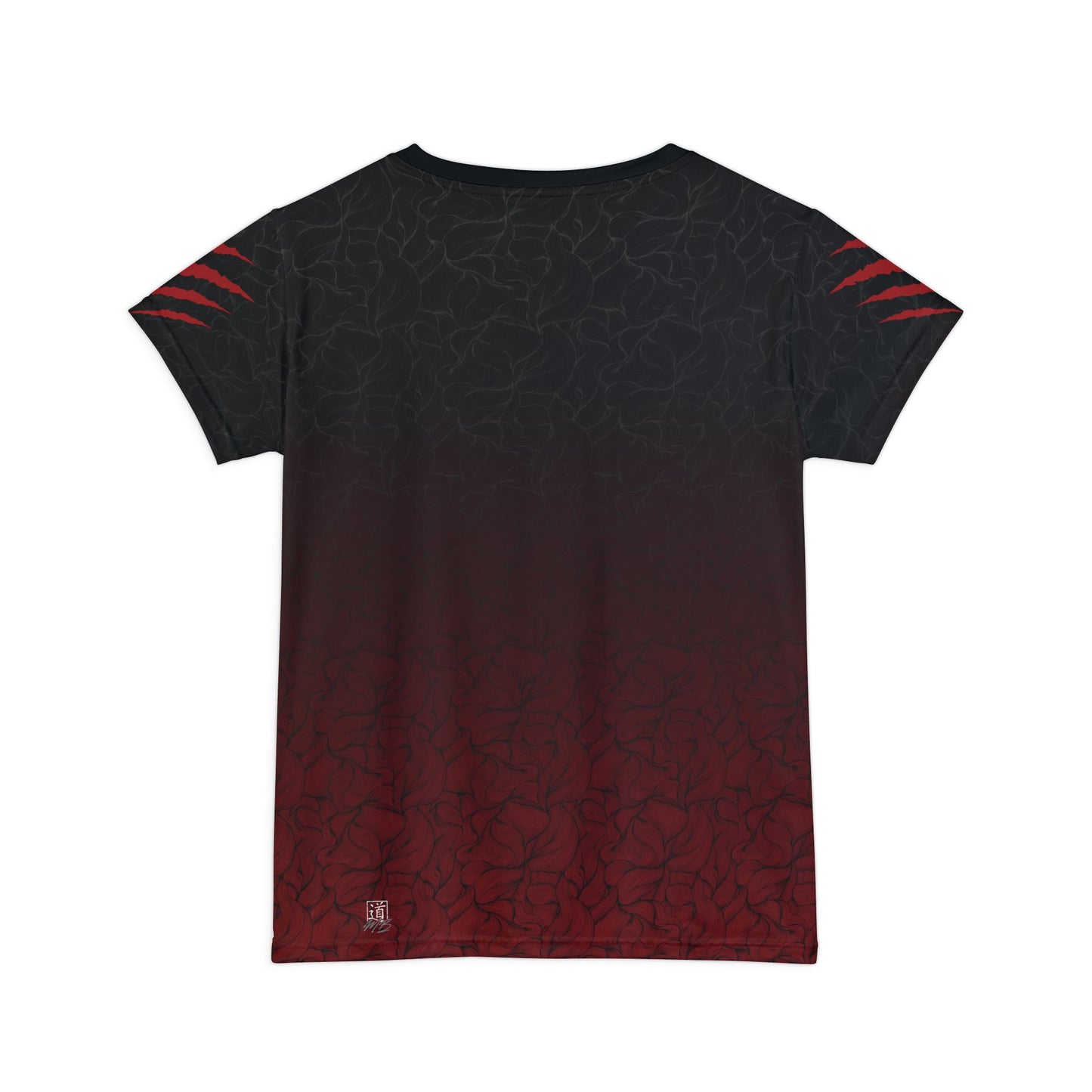 Back view of a black and red polyester, all over print t-shirt.