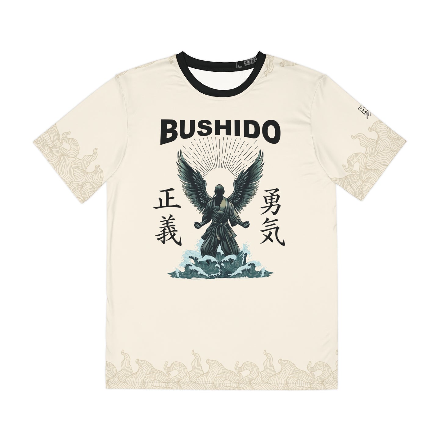 Off-white polyester t-shirt with an illustration of a martial artist with angel wings. The text above the design reads "Bushido", and the kanji on the left and right sides are translated to English as "Justice" and "Courage".