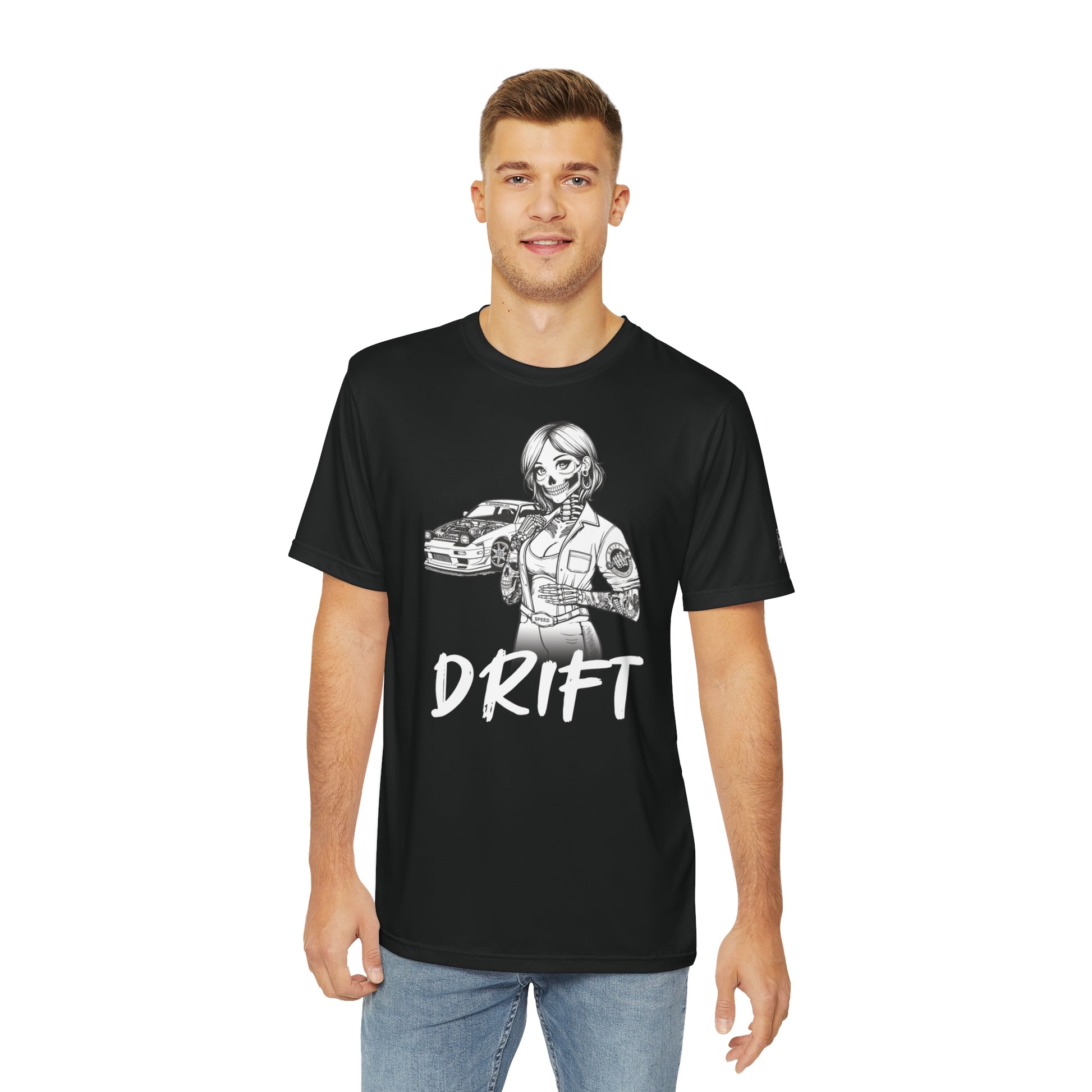 Front view of a man wearing a black polyester t-shirt, with a design of a female skeleton dressed as a mechanic. The mechanic is standing next to her car with the word "Drift" written underneath.