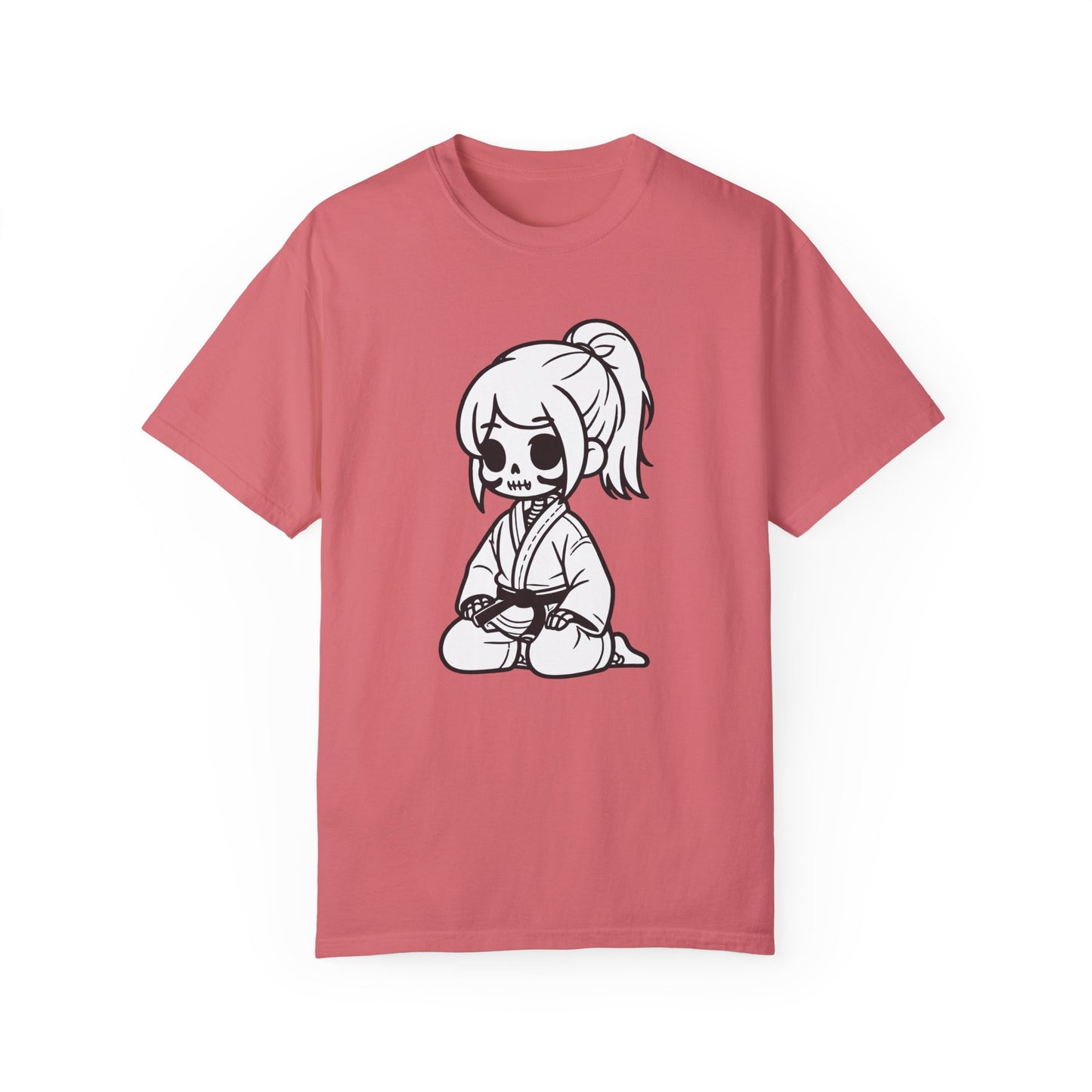 Front view of a Watermelon colored cotton t-shirt, with a design of a skeleton girl wearing a jiu jitsu gi. Wrapped around the girl's waist is a black belt.