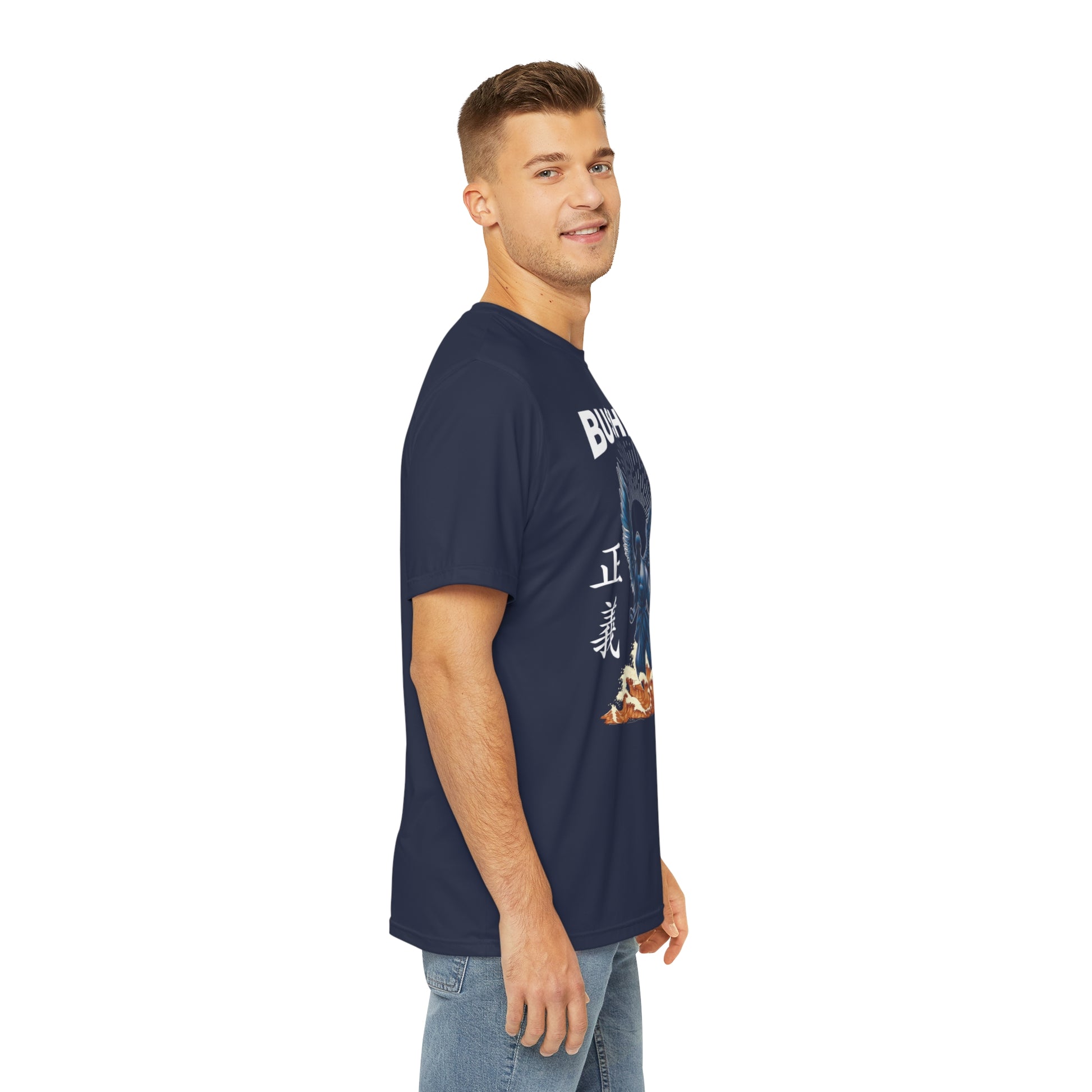 Right side view of a man wearing a navy colored polyester t-shirt, with an illustration of a martial artist with angel wings on the front.