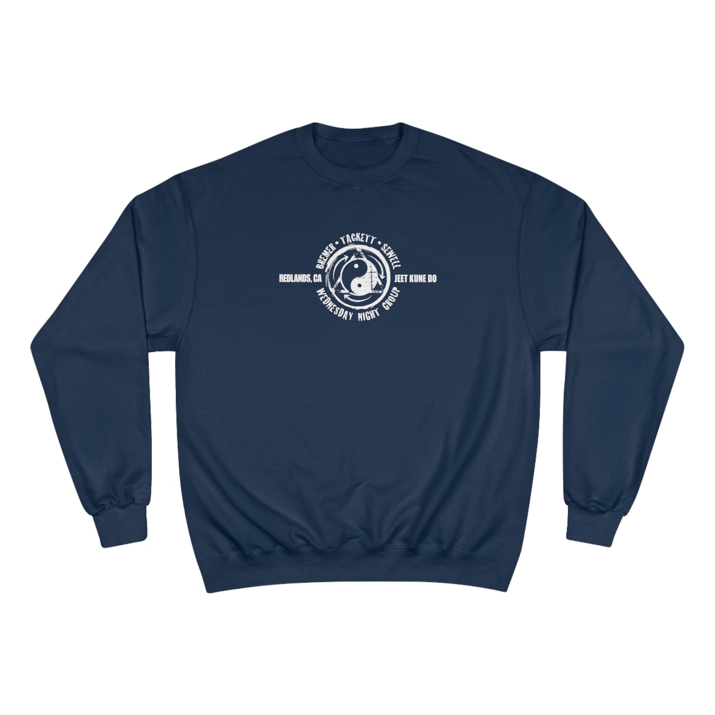 Front view of a navy colored, Champion brand sweatshirt, with the JKD Wednesday Night Group logo on the chest.