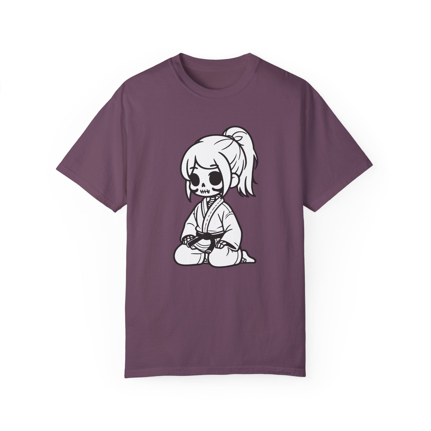 Front view of a Berry colored cotton t-shirt, with a design of a skeleton girl wearing a jiu jitsu gi. Wrapped around the girl's waist is a black belt.