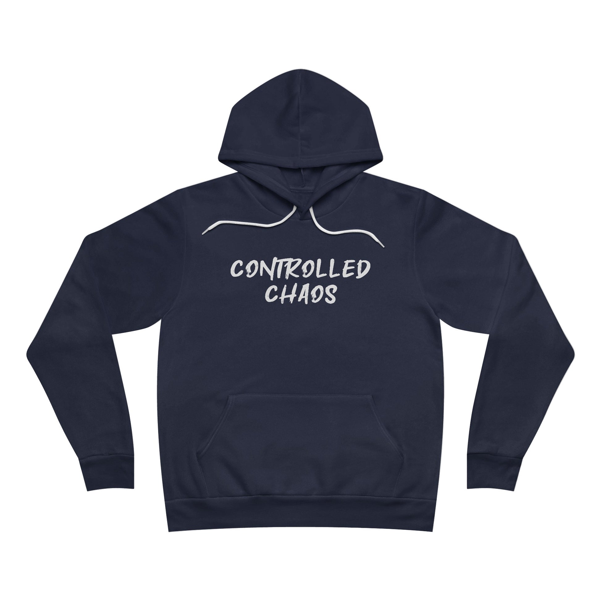 Front view of a navy colored fleece hoodie, with the words "Controlled Chaos" written across the chest.