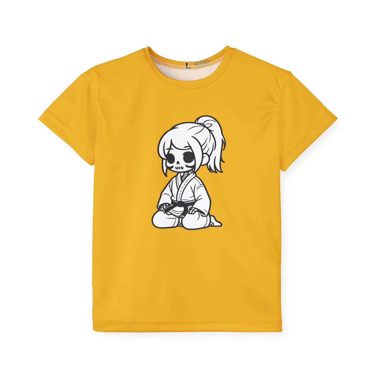 Front view of a yellow, polyester kids t-shirt, with a design of a skeleton girl wearing a jiu jitsu gi and black belt on the front.