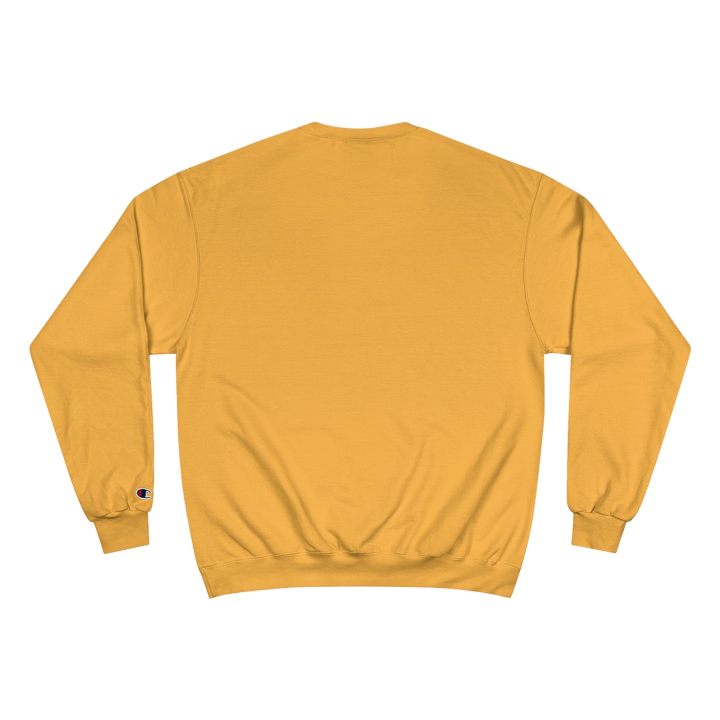 Back view a gold colored, Champion brand sweatshirt.