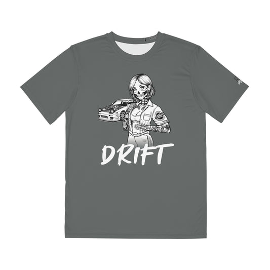 Men's dark gray polyester t-shirt with a design of a female skeleton dressed as a mechanic. The mechanic is standing next to her car with the word "Drift" written underneath.