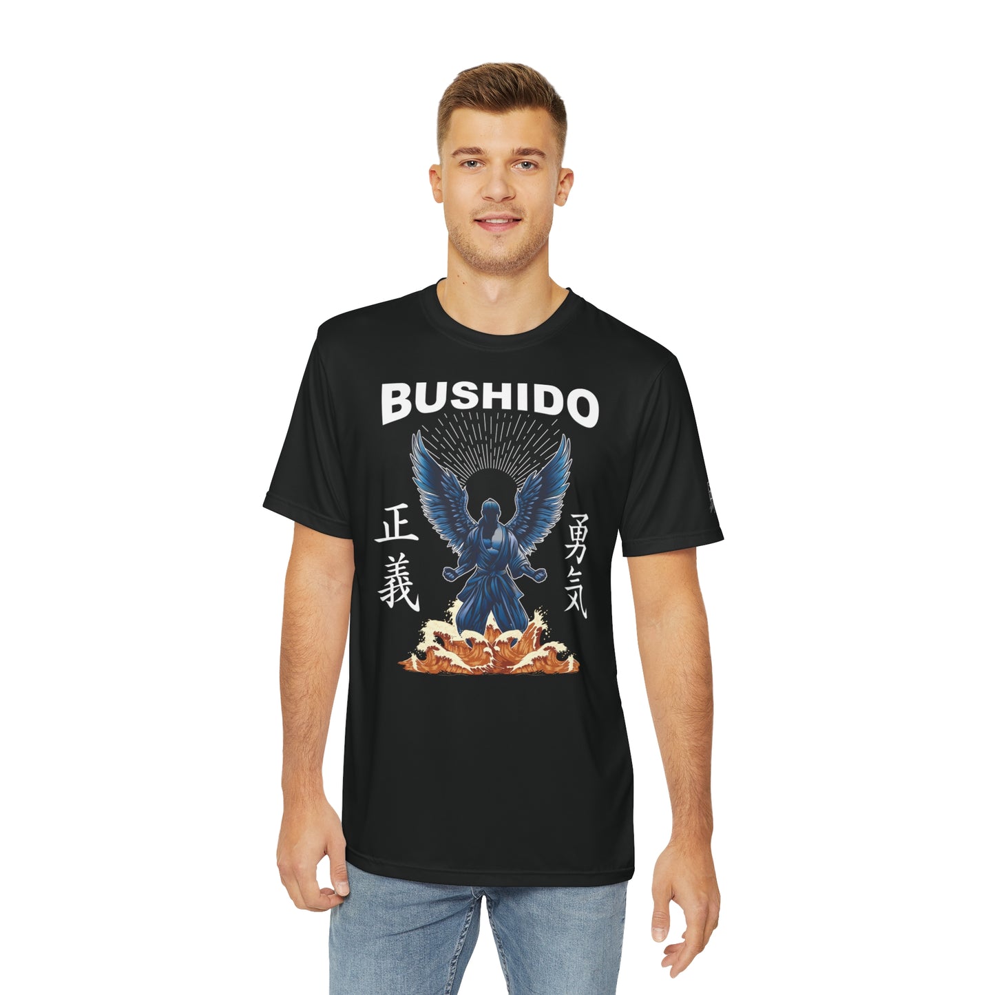 Man wearing a black, polyester t-shirt with an illustration of a martial artist with angel wings. The text above the design reads "Bushido", and the kanji on the left and right sides are translated to English as "Justice" and "Courage".