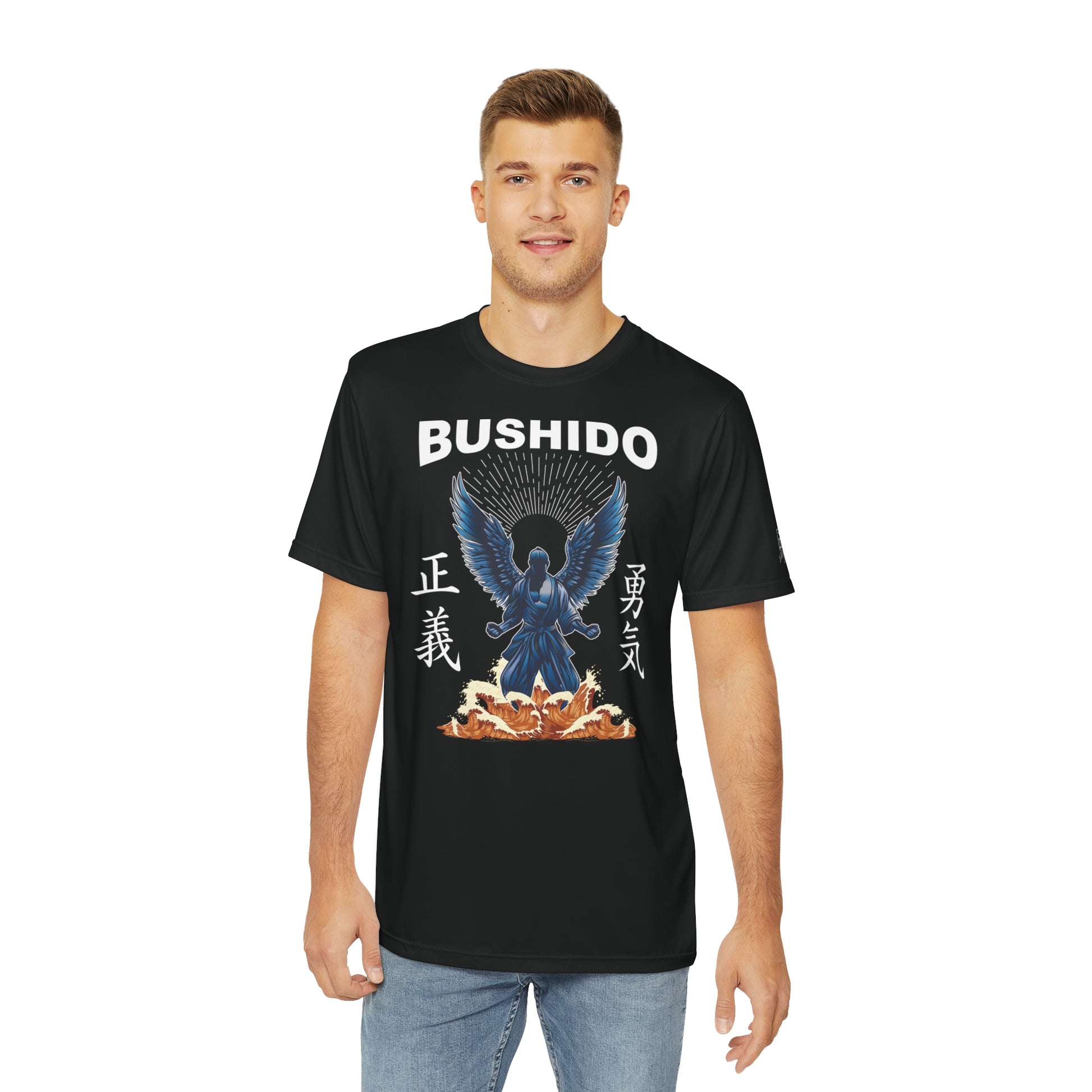 Man wearing a black, polyester t-shirt with an illustration of a martial artist with angel wings. The text above the design reads "Bushido", and the kanji on the left and right sides are translated to English as "Justice" and "Courage".