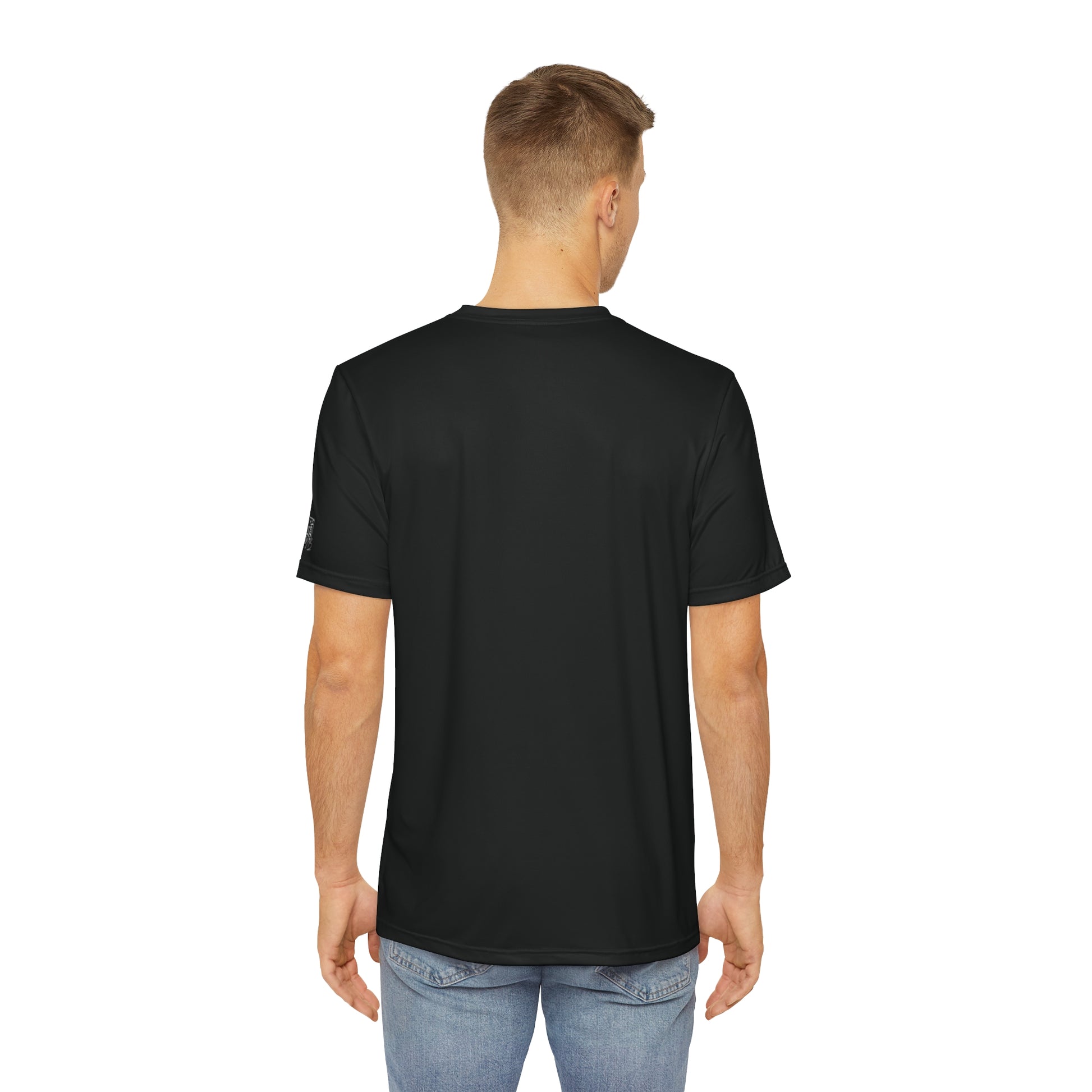 Back view of a man wearing a black polyester t-shirt.